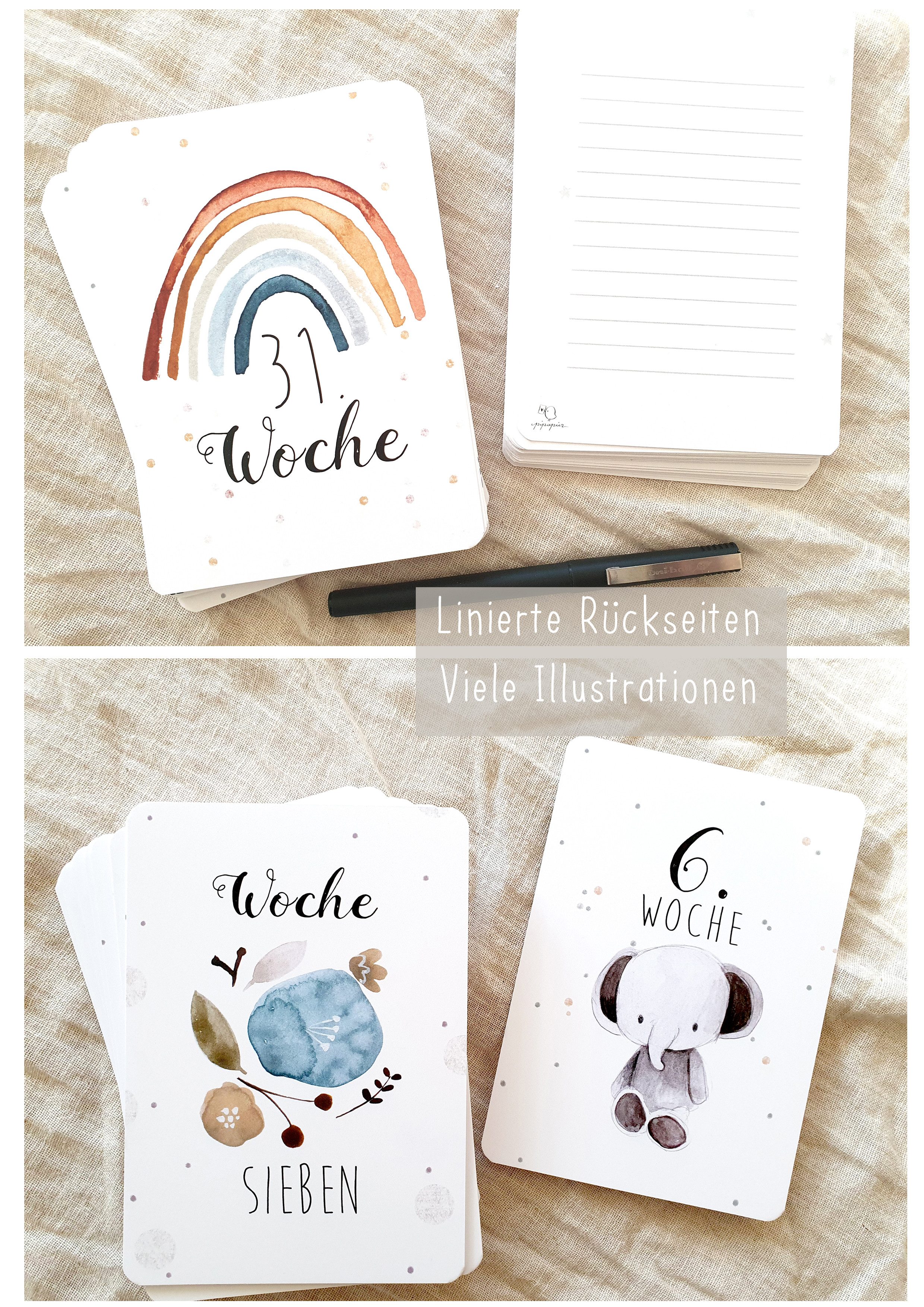 Pipapier Grußkarten Meilensteinkarten Meilensteine Schwangerschaft, Geschenk Schwangere, Handgemalte Illustrationen