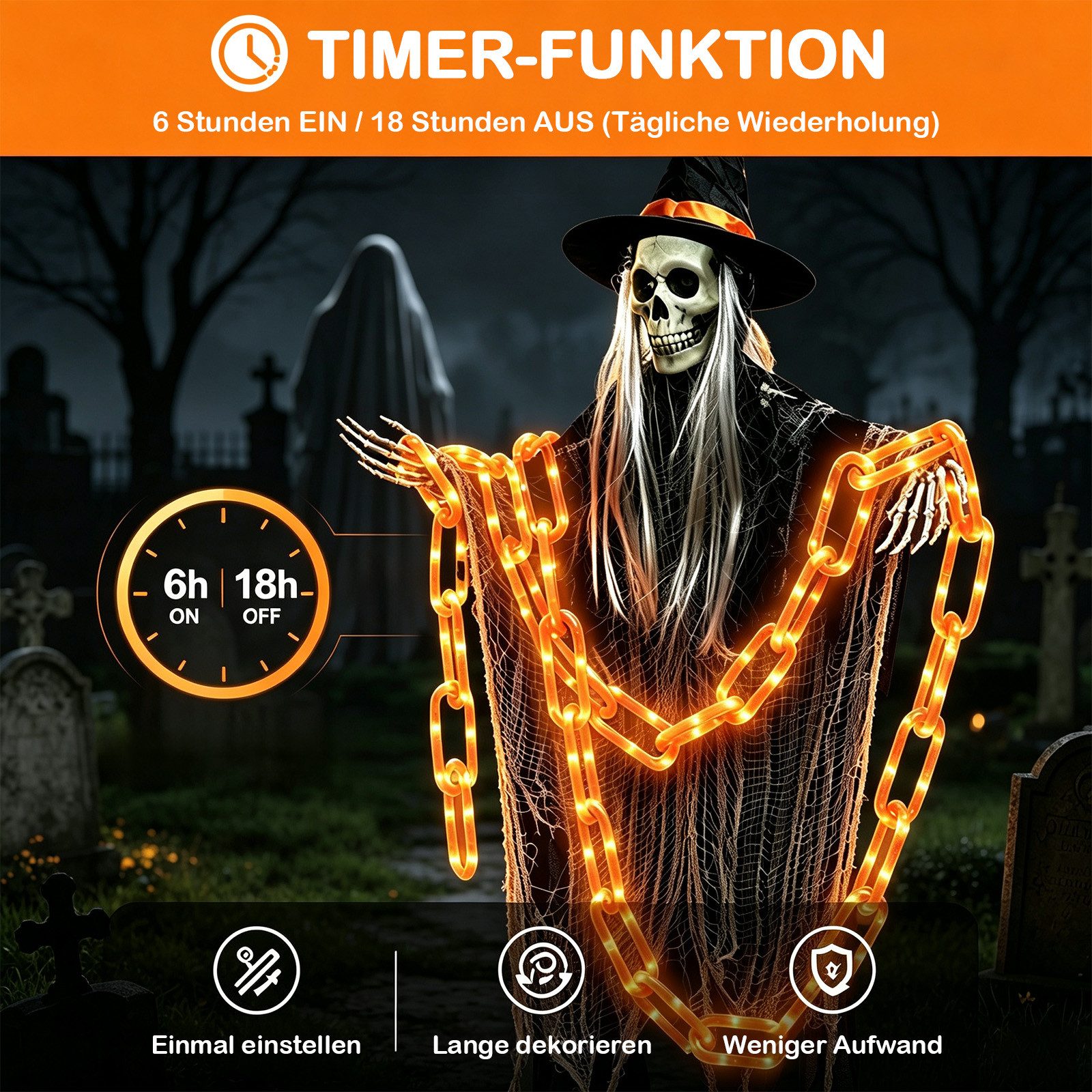 OZAVO LED-Lichterkette Halloween Lichterkette 3,2 m mit 175 LEDs, 8 Lichtmodi &Timer-Funktion, USB & Batteriebetrieben,Halloween Deko für Garten, Veranda, Spukh – Bild 4 von 5