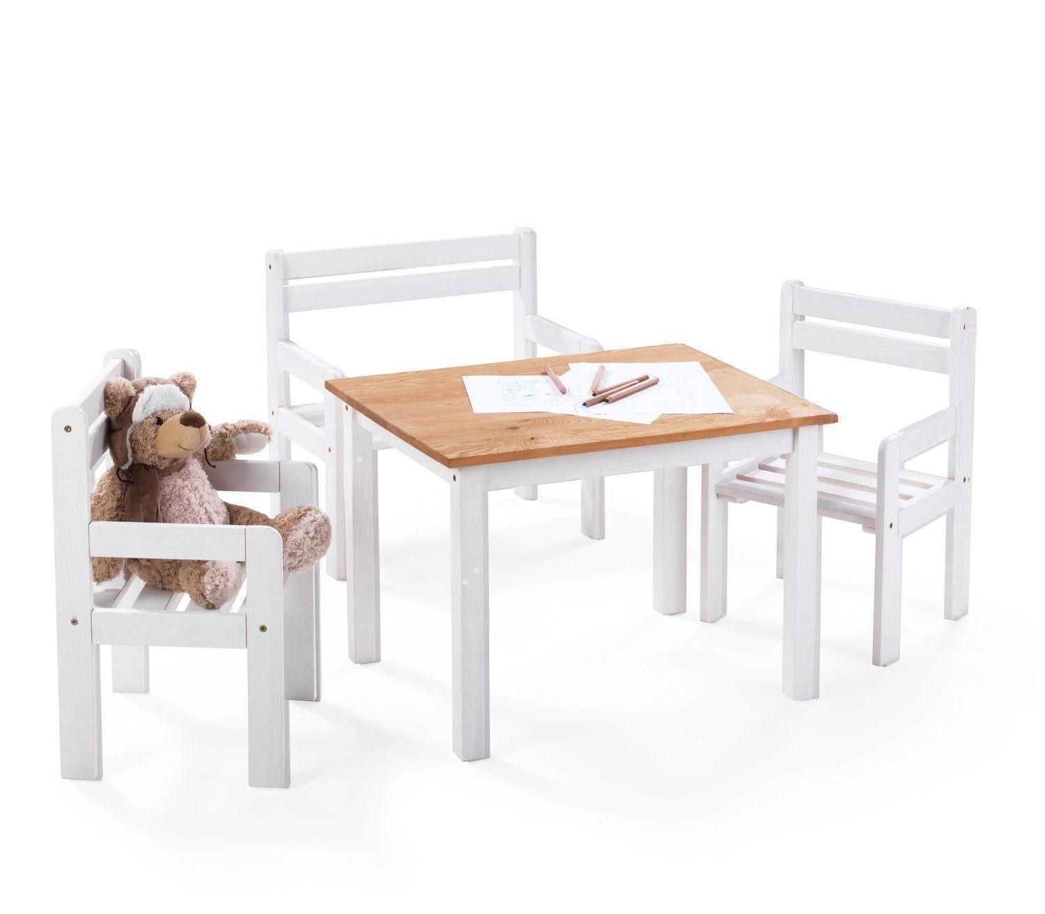 Home4You Kindersitzgruppe, Kiefernholz massiv, (4-tlg), mit 1 Tisch, 1 Sitzbank und 2 Stühlen