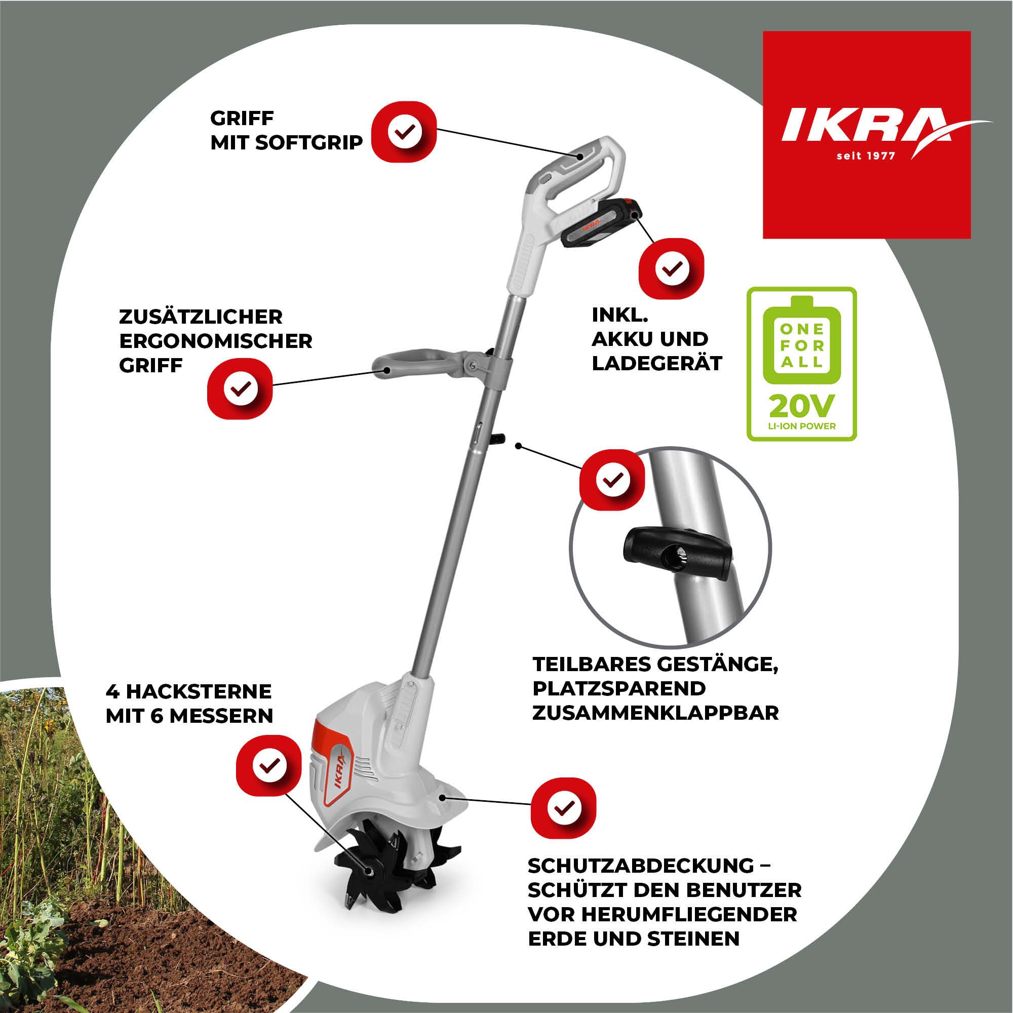 ikra GmbH Akku-Motorhacke IAMH 20, 19 cm Arbeitsbreite, inkl. Akku & Ladegerät, besonders leicht (4kg), ideal für verwinkelte & schmale Beete