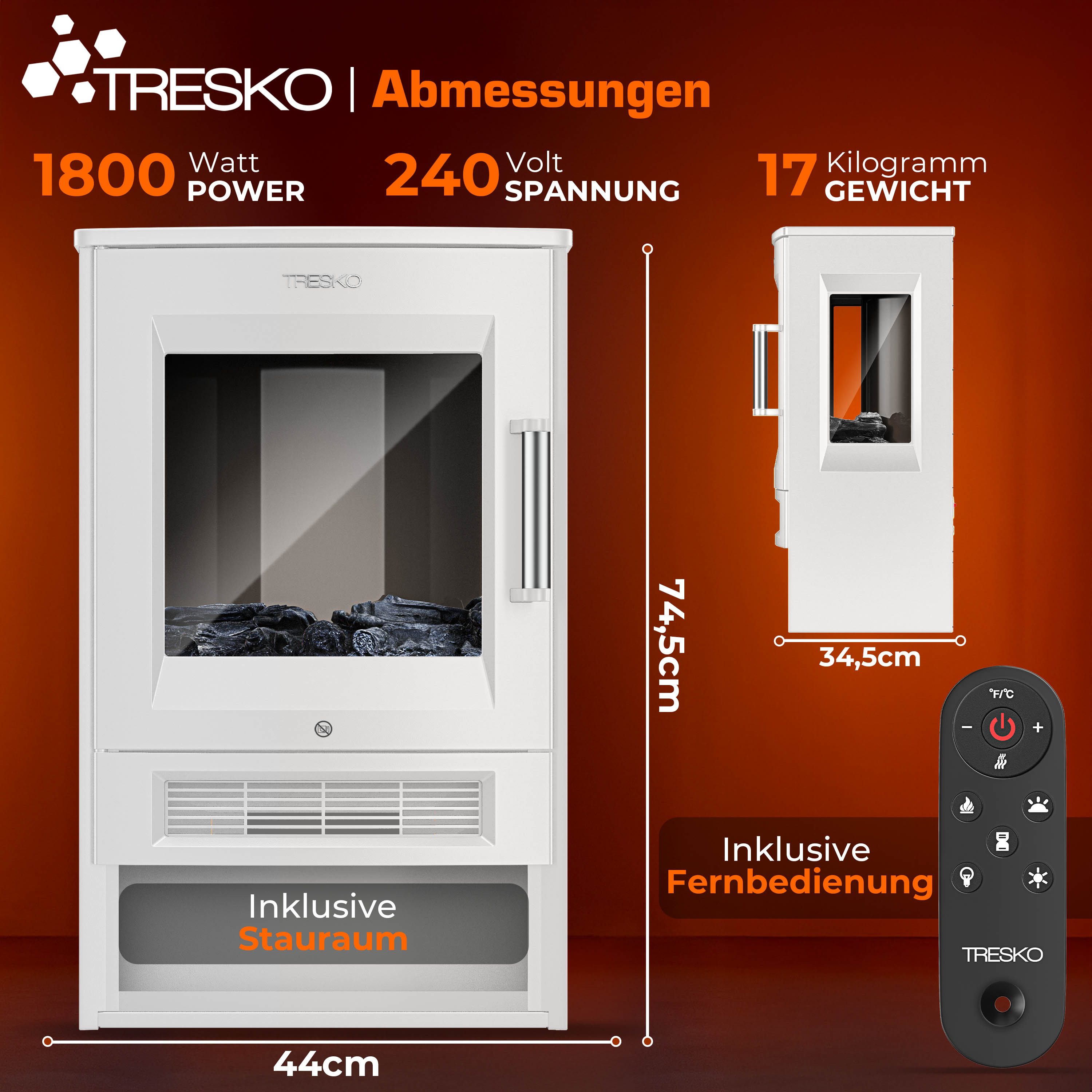 TRESKO Elektrokamin mit Heizung 1800W inkl. Fernbedienung & WiFi App Kaminfeuer, Elektro Kamin elektrisch LED-Flammeneffekt Timer Standkamin Kaminofen