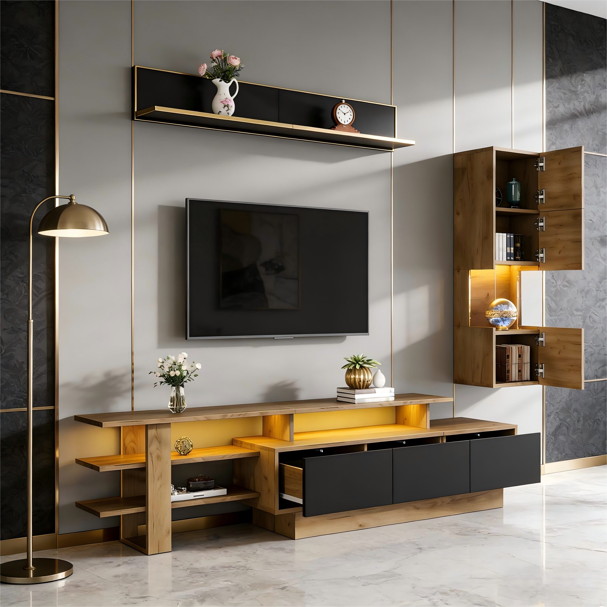 OKWISH Wohnwand 180x40x45 cm in Schwarz/Naturholz mit LED-Beleuchtung – Set 3-tlg., (Set, 3-St., TV-Schrank mit 3 Schubladen, Vitrine & Hängeregal), Für TVs bis 80 Zoll, Wohnzimmer-Möbel-Set