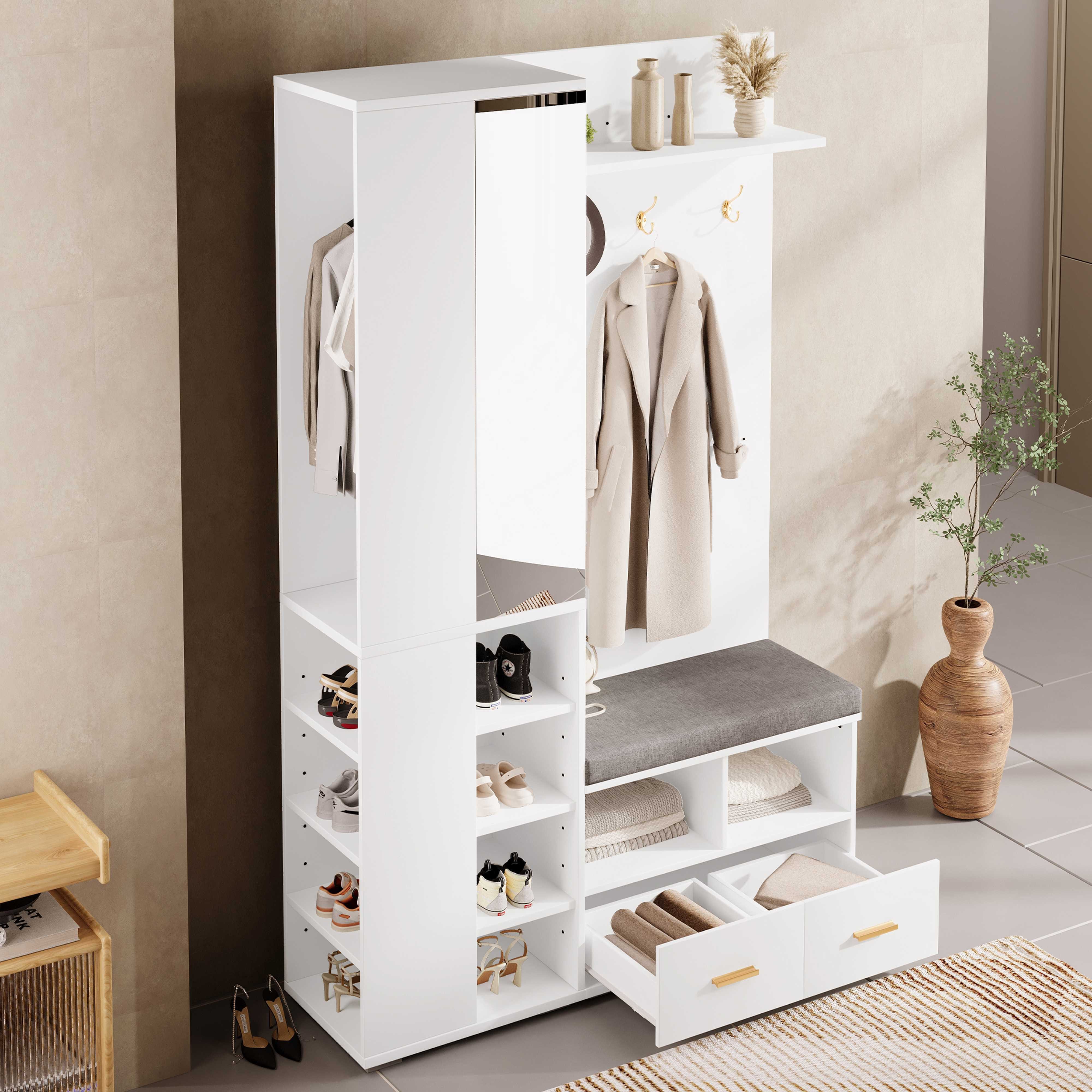 BlingBin Garderoben-Set Kompaktgarderobe Wandgarderobe Flurschrank Garderobenständer, (1-St., 3 Haken, 2 Schubladen und Ablagefach), 120Lx35Bx190H cm, für Flur, Schlafzimmer, Weiß