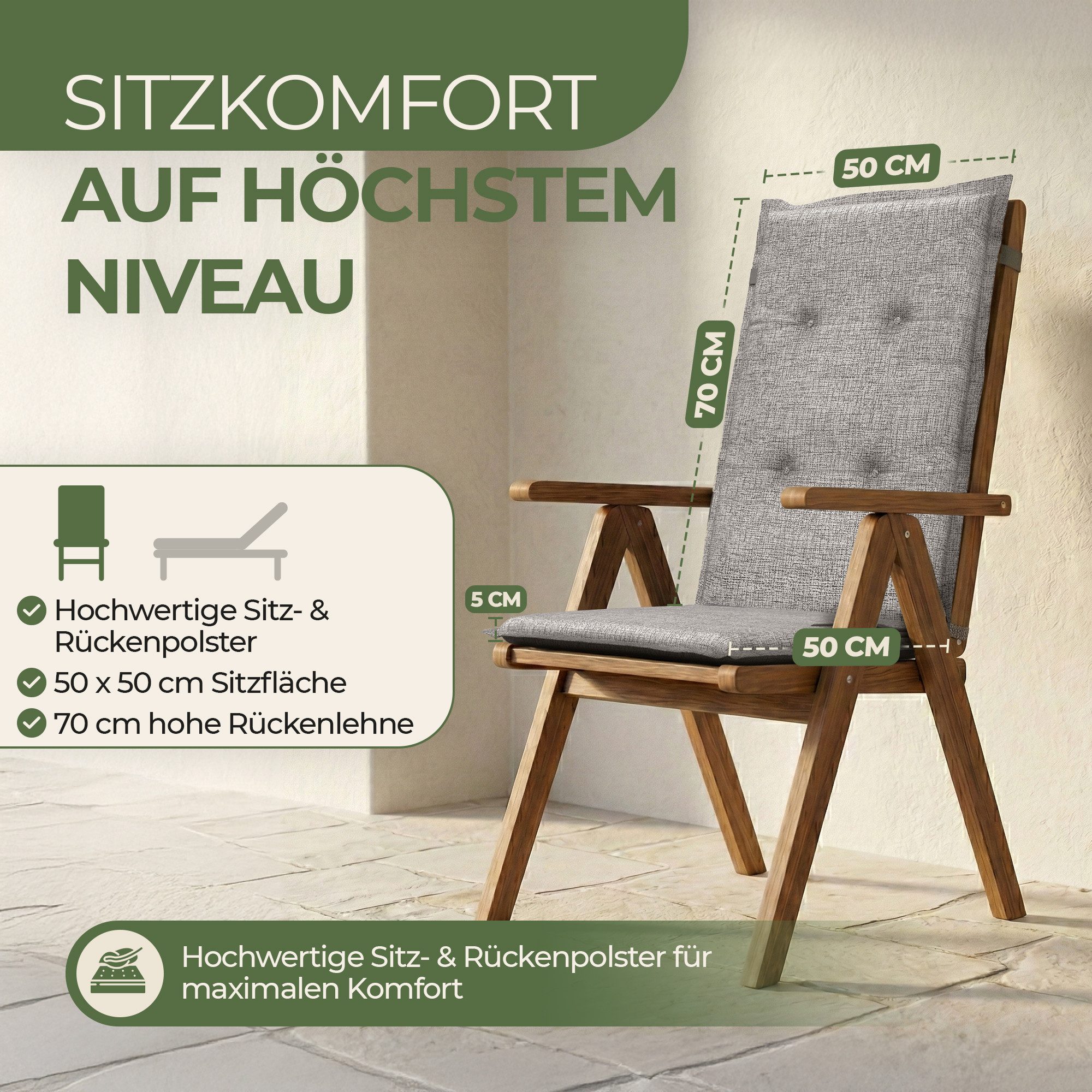 Petsation Hochlehnerauflage Florence Hochlehner Auflage Gartenstuhlauflage mit Schaumstoffpolster, (6 St)