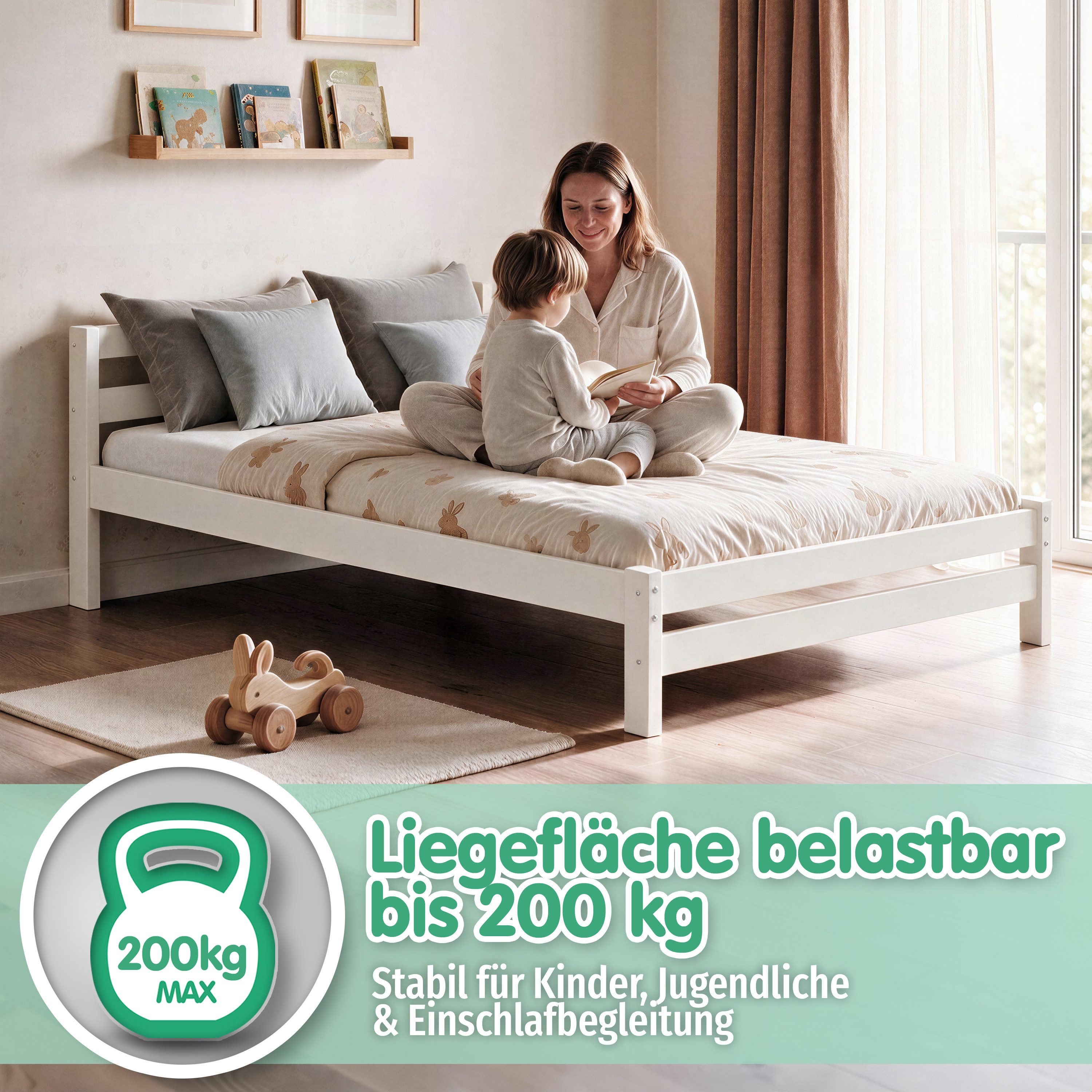 CADANI Kinderbett MIKA Jugendbett bis 200 kg belastbar inkl. Roll-Lattenrost (120x200 cm, Weiß), Bis 200 kg belastbar, Roll-Lattenrost inklusive – Bild 3 von 5