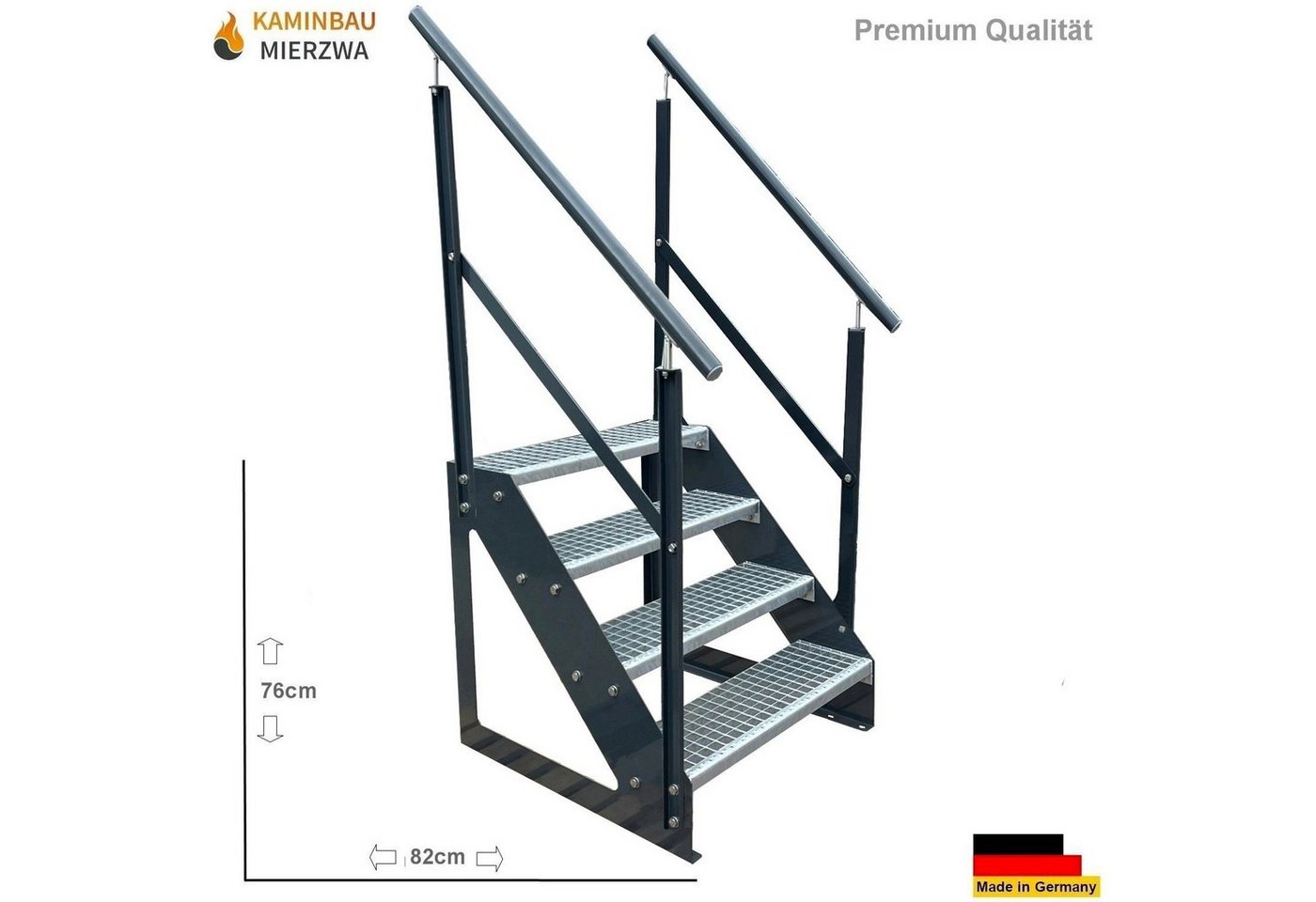 Thumbnail - Kaminbau Mierzwa Außentreppe Premium Treppe Anthrazit mit oder ohne Geländer, für Geschosshöhen bis 76.00 cm, Stufen Git...