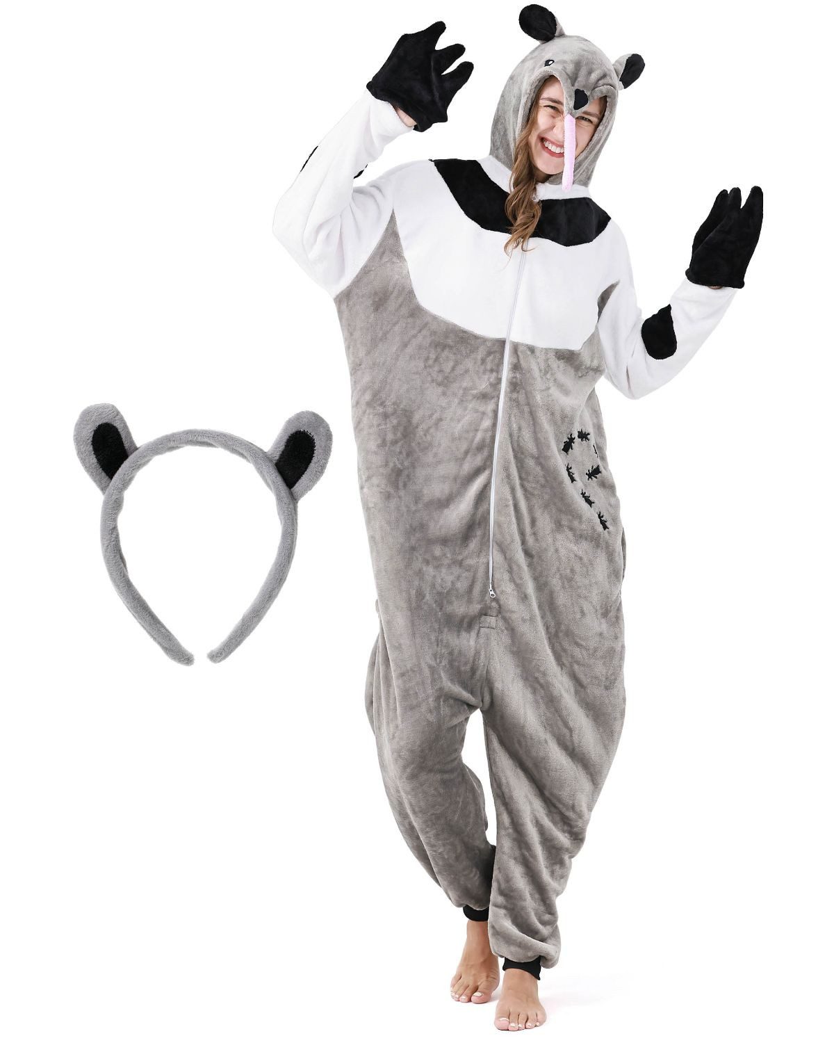 Corimori Partyanzug Flauschiges Ameisenbär-Kostüm mit Haarreif, Jumpsuit, Pyjama, Fasching, Kigurumi, Tierkostüme, Ameisenbär Elliot