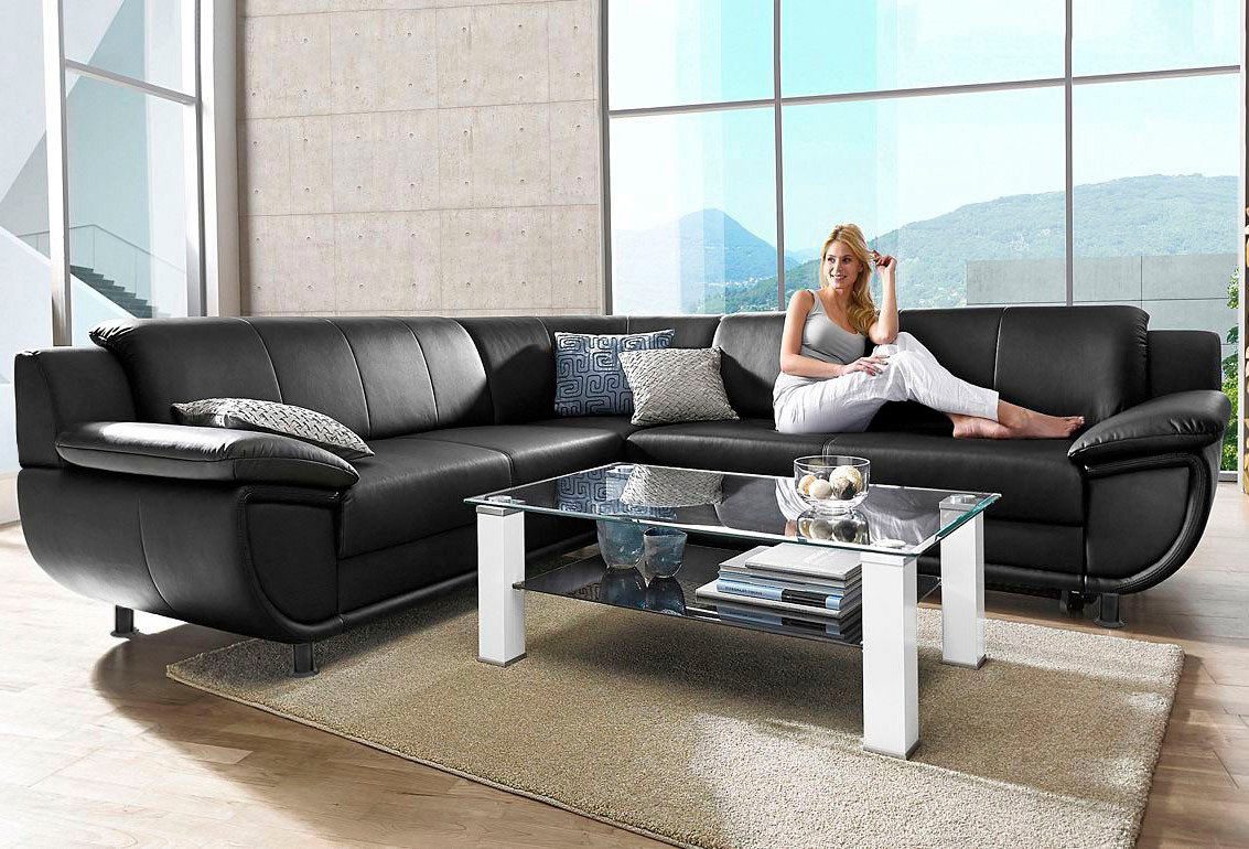 TRENDMANUFAKTUR Ecksofa Rondo 267 cm, optional mit Schlaffunktion, breite Armlehnen, L-Form, wahlweise mit Federkern bestellbar, Füße schwarz