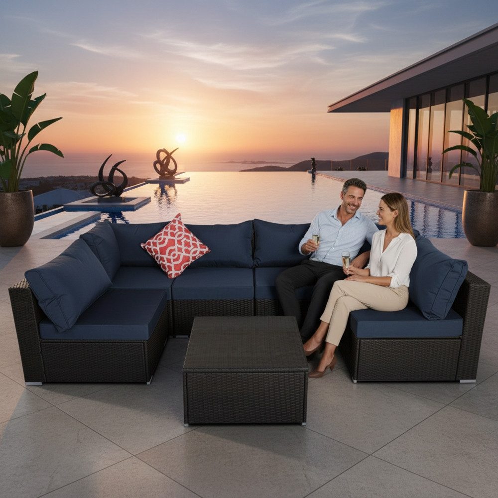 Melko Gartenlounge-Set Rattanmöbel Gartengarnitur Gartenmöbel Sitzgruppe Sofa in Braun Blau, (Stück), mit bequemer Polsterung