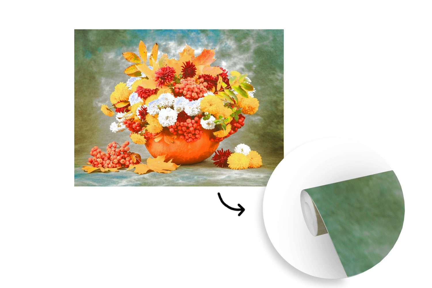 Matt, MuchoWow Montagefertig - Tapete St), Blumen (5 bedruckt, - Obst, Wandtapete Wohnzimmer, Vinyl Herbst für Fototapete