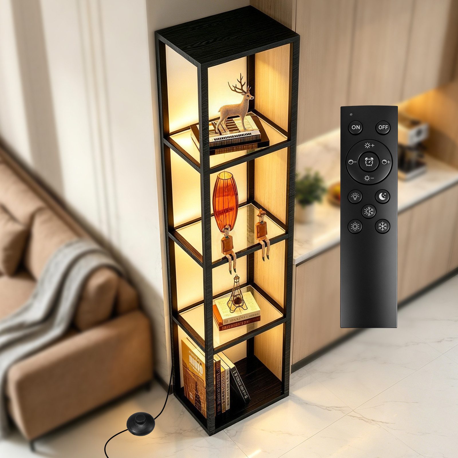 XERSEK Glasvitrine 5 Etagen Vitrine mit Dimmbar LED Beleuchtung Standregal 39×30×168cm (Stufenlos Dimmbar per Fernbedienung & Fußsteuerung) für Sammlerstücke, Wohnzimmer, Schlafzimmer, Schwarz