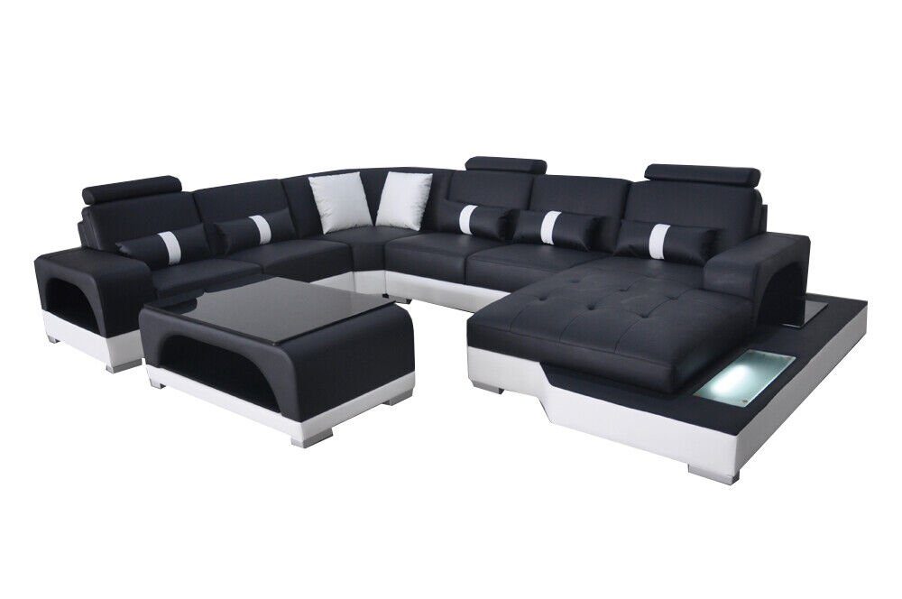 Ecksofa Couchen Couch Teile Schwarz USB, Sofa Leder JVmoebel Moderne 2 mit Eck Sitz Wohnlandschaft+Tisch