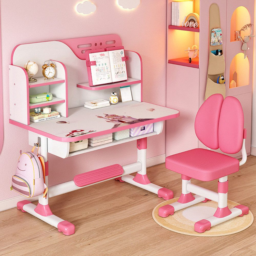 TUWENA Kinderschreibtisch Kinder-Schreibtisch und Stuhl-Set, Höhenverstell Schul-Lerntisch-Stuhl, Ergonomisch Schreibtischstuhl mit große Schreibtafel Stauraum Fußpedal