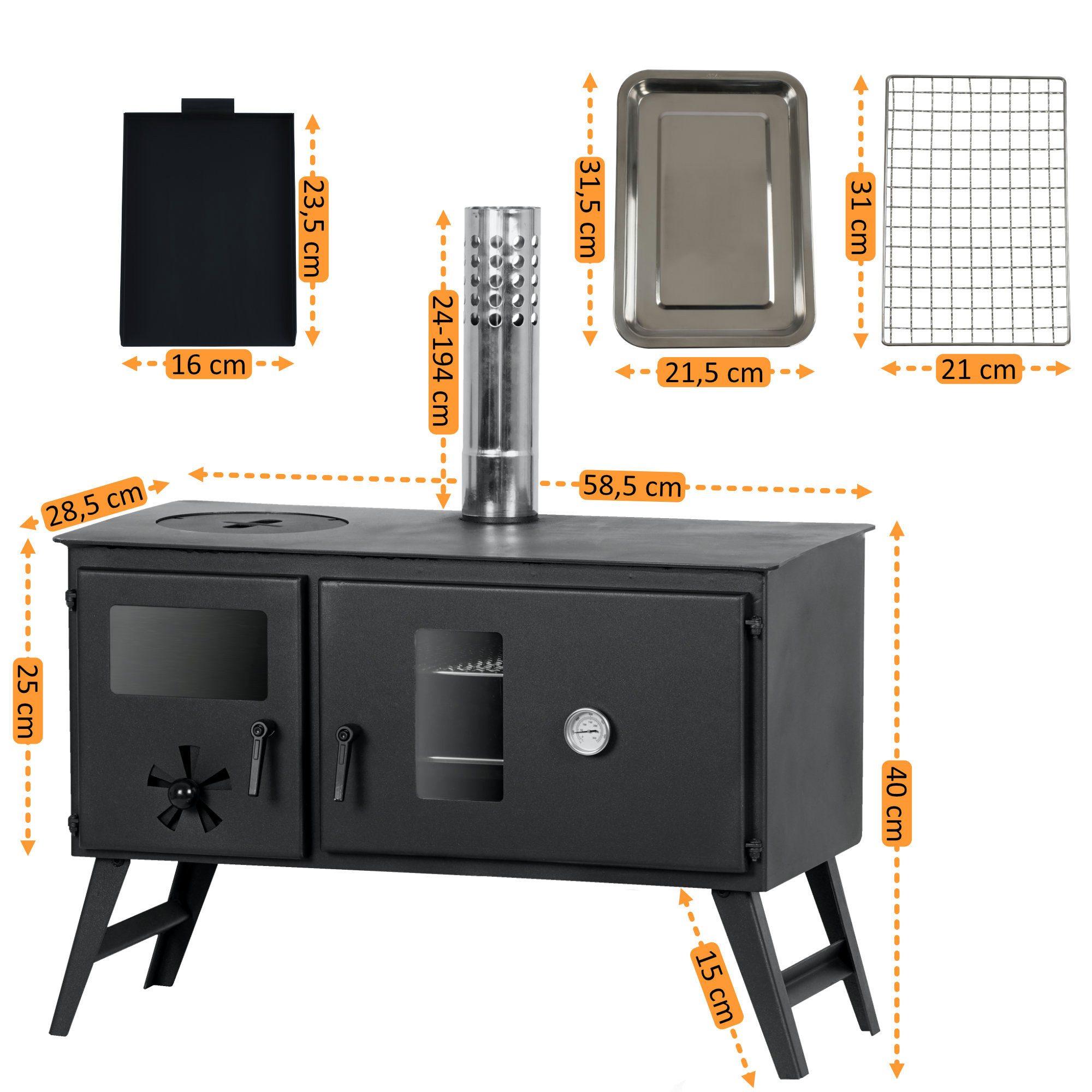 CampFeuer Feuerstelle Zeltofen, 58,5 x 28,5 x 232 cm, Zeltheizung, Holzofen für Camping, (1-St), Backfach mit Thermometer