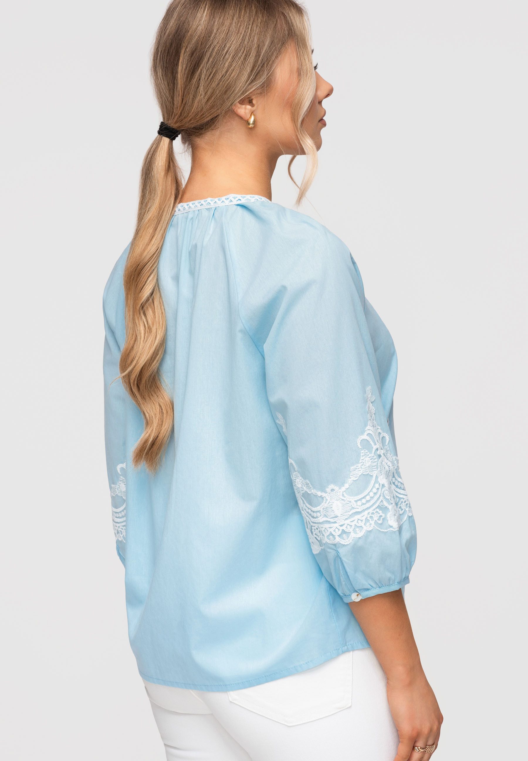 OMBRE Hemdbluse Damen Bluse Baumwolle Boho Stickerei Blau L (kein Set, 1-tlg) Ajour-Einsätze, Stickereien, Knopfleiste