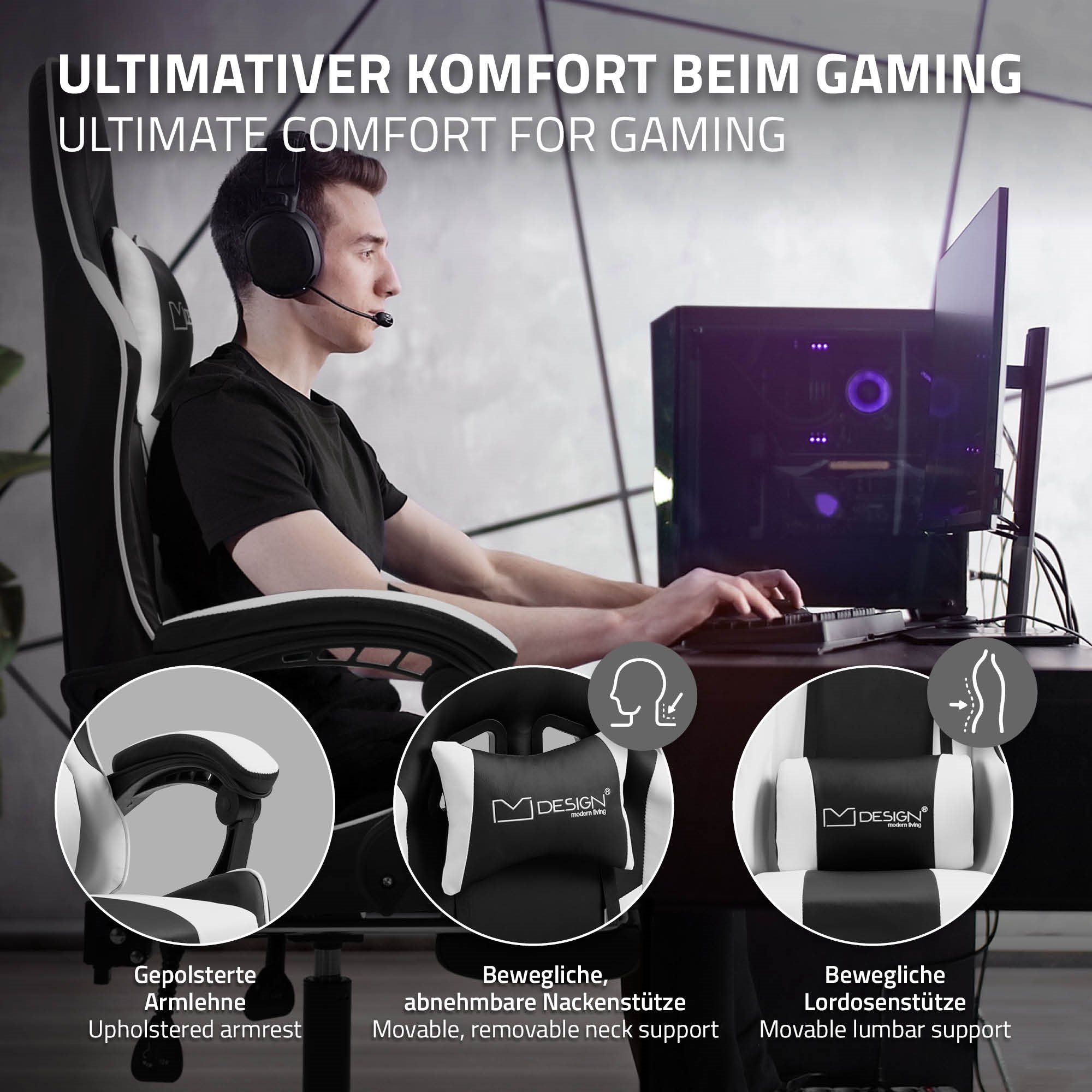 PU-Leder, Armlehne, mit aus Racing Bürostuhl, Kopfstütze, verstellbar, Gamingstuhl Gaming-Stuhl Fußstütze ML-DESIGN Massage Weiß Lendenkissen, Gamer Stuhl