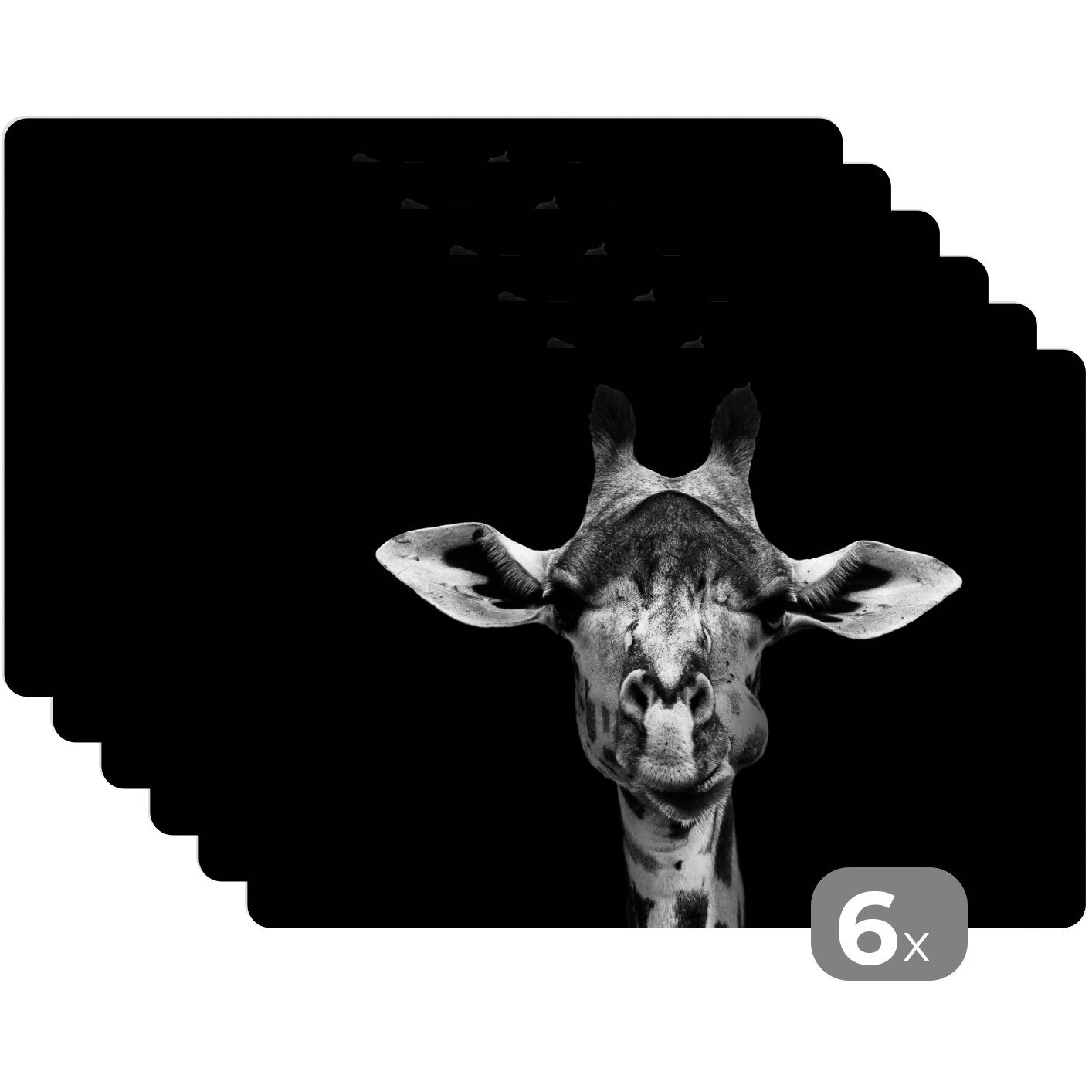 Platzset, - Platzset, MuchoWow, - Schwarz, Tiere - Platzmatte, Schmutzabweisend Platzdecken, Giraffe Porträt Tischmatten, (6-St),