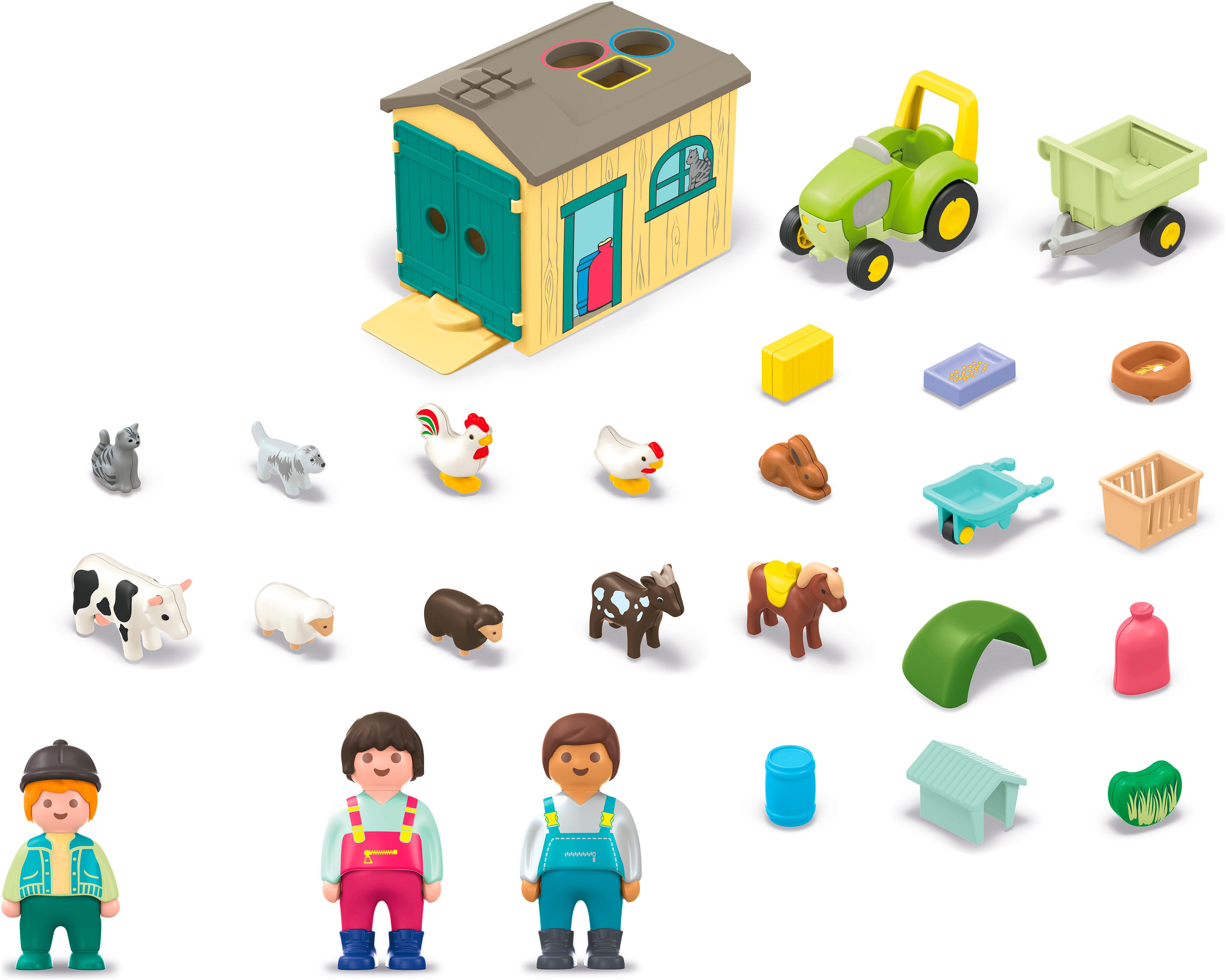 Playmobil® Bauernhof-Abenteuer mit Traktor, Anhänger u. tier. Freunden (71656) Konstruktions-Spielset, (29 St), JUNIOR, Made in Europe