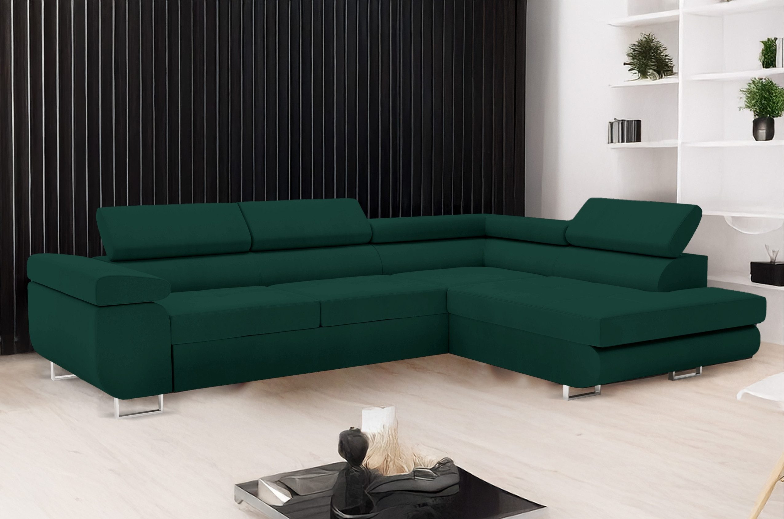 Goldstoff Ecksofa mit Schlaffunktion & Bettkasten - hochwertiges Sofa, Couch mit Schlaffunktion für Wohnzimmer - Schlafsofa - Eckcouch, Eckcouch mit praktischem Bettkasten in grün