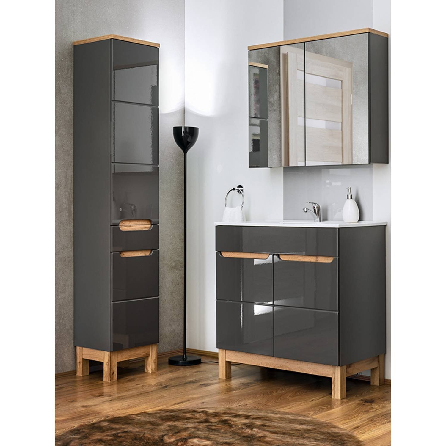 Lomadox Badmöbel-Set »SOLNA-56«, Badmöbel Set 3-teilig Hochglanz grau