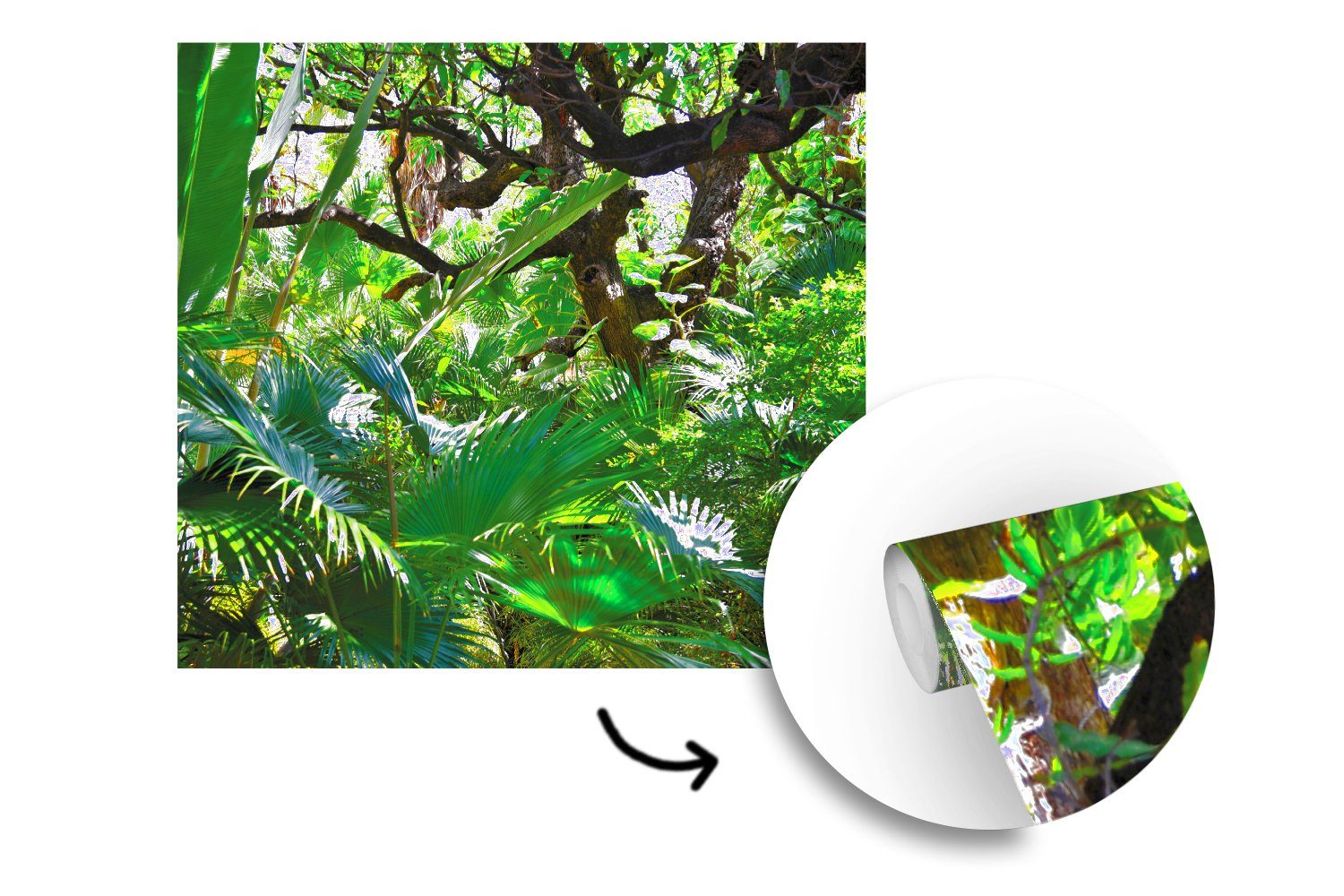 Blättern Vinyl oder und Fototapete für Schlafzimmer, Wandtapete von bedruckt, Muster Regenwald, (5 St), Wohnzimmer Matt, MuchoWow Bäumen Tapete Schöne einem in
