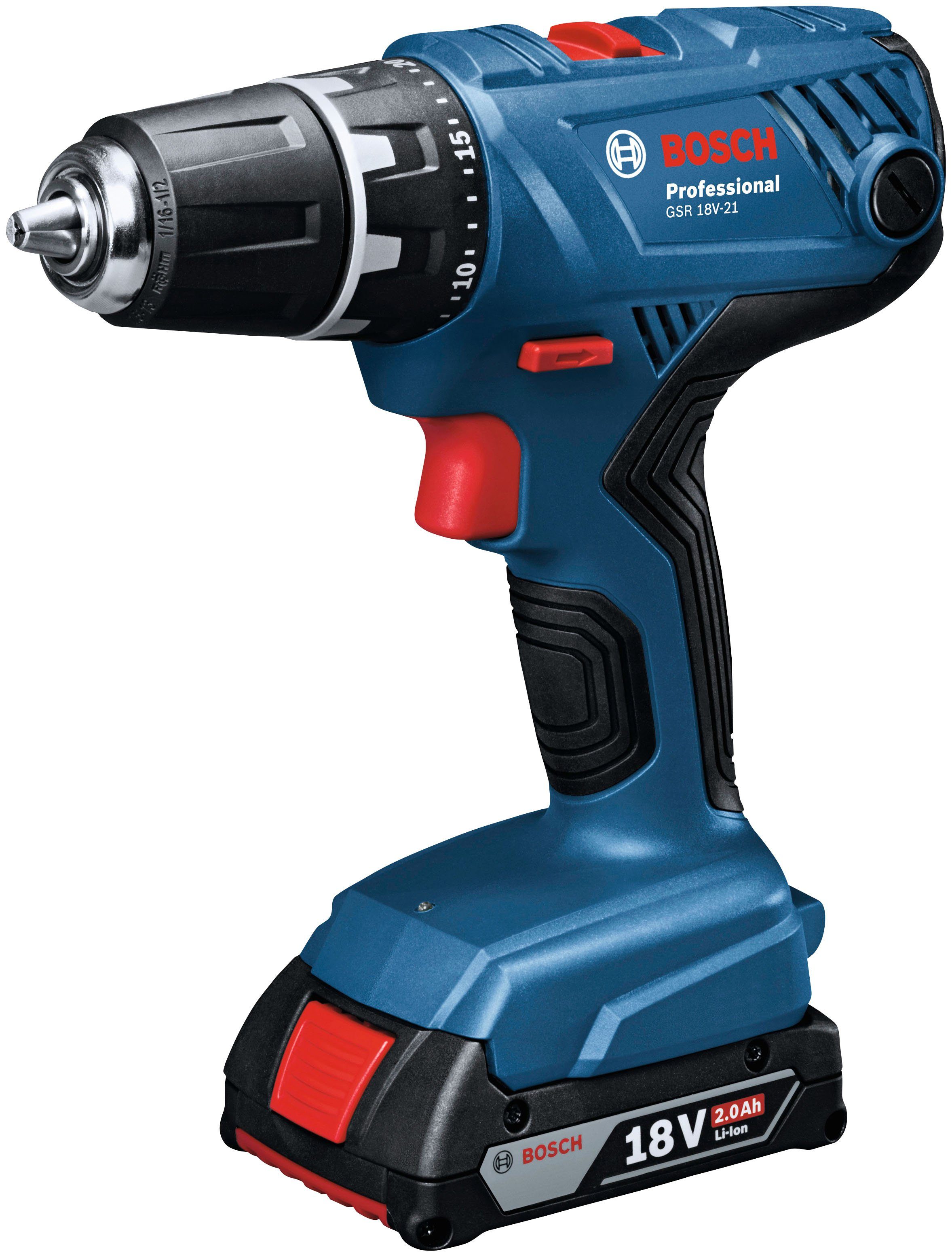 Bosch Professional Akku-Bohrschrauber GSR 18V-21, max. 1800 U/min, (Set), inkl. 2 Akkus, Ladegerät und Koffer – Bild 2 von 4