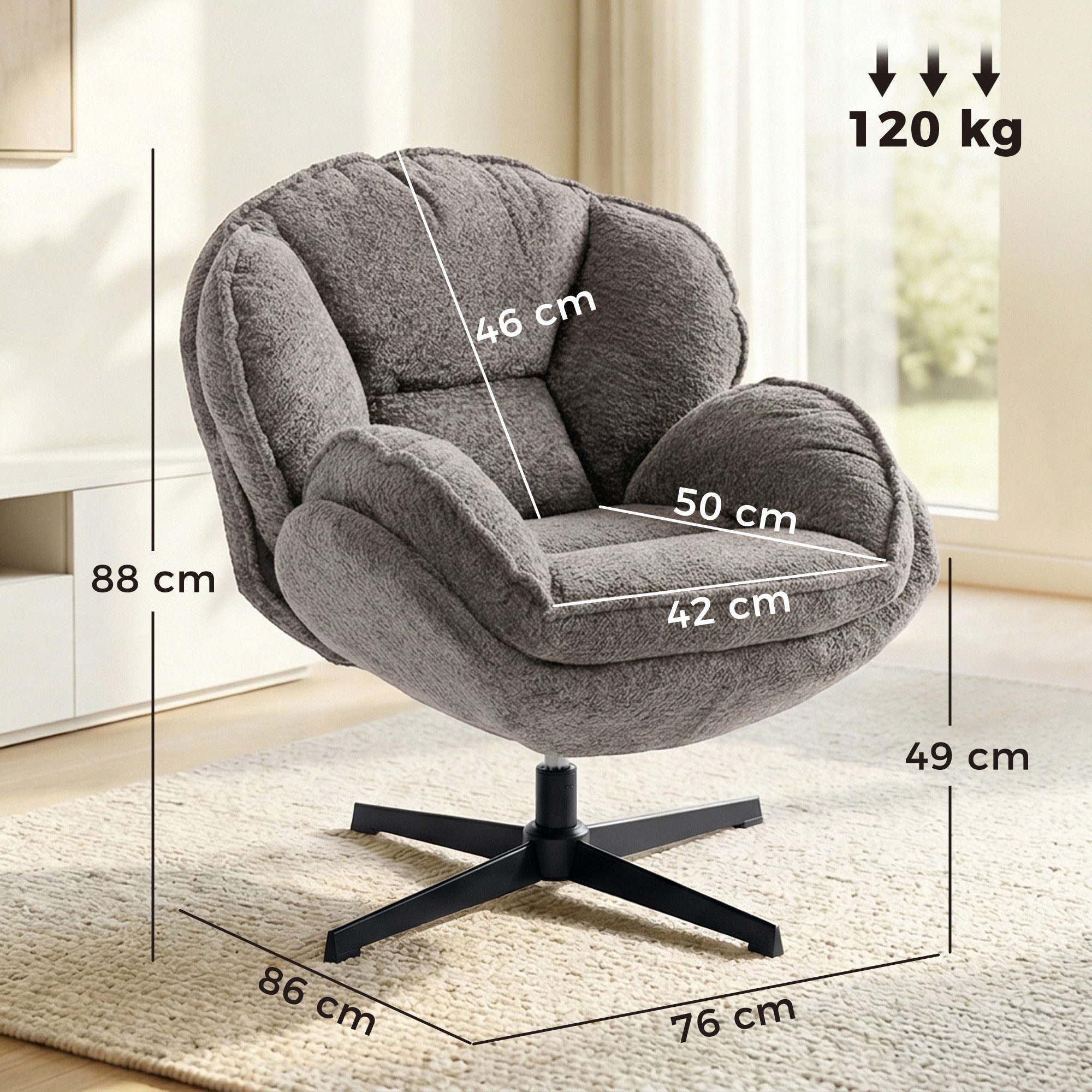 HOMCOM Relaxsessel Polstersessel bequem für Wohnzimmer, Schlafzimmer, Grau (Sessel, 1-St., Loungesessel), Wingback, 360° Drehung, Samt