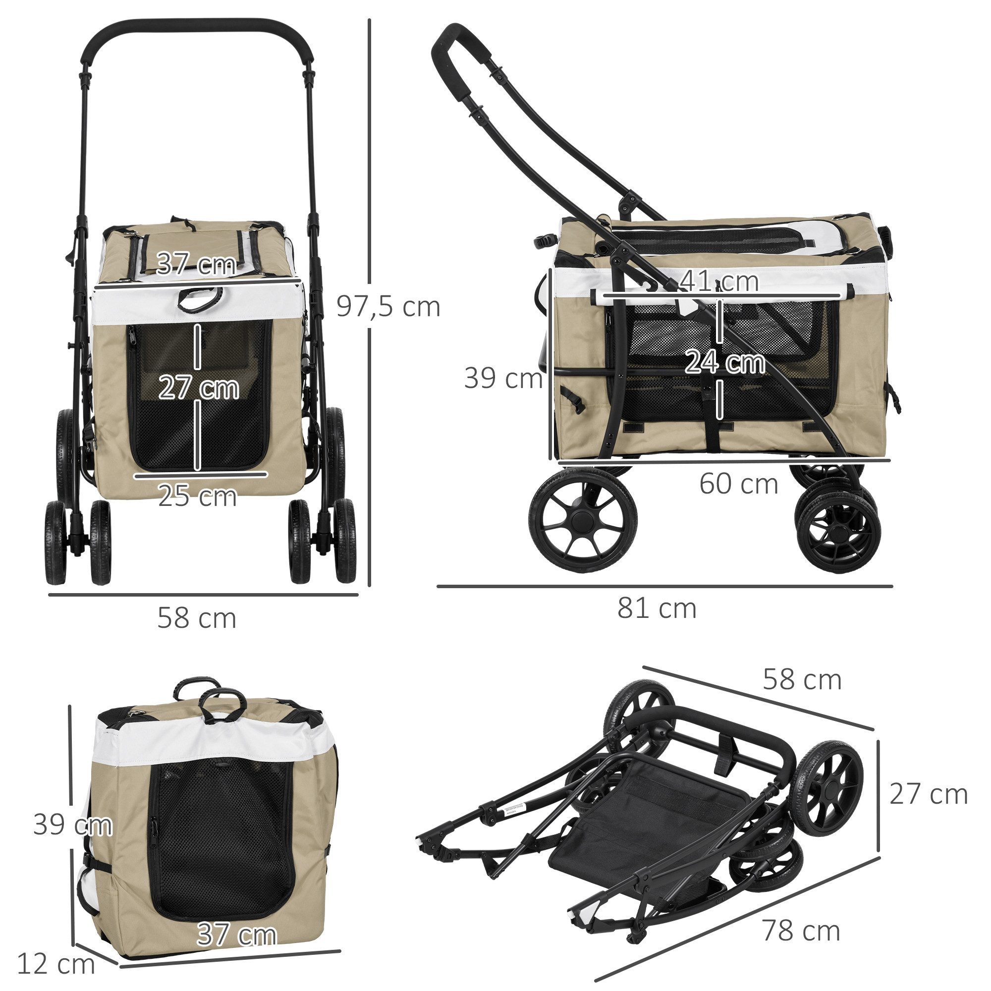 PawHut Hundebuggy Hundewagen Katzenbuggy klappbar mit Kissen Netzfenstern Türen, (Haustierwagen, 1-tlg), für Hunde & Katzen bis 10 kg, Khaki