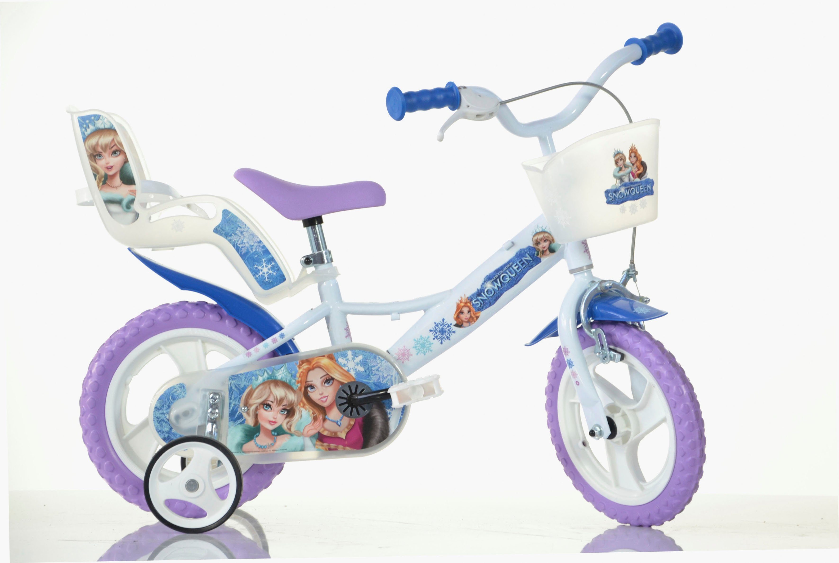 Dino Bikes Kinderfahrrad 12" Snowqueen Kinderfahrrad Mädchen stabiler Stahl-Rahmen Stützräder, 1 Gang, mit Stützrädern, Korb und Puppensitz
