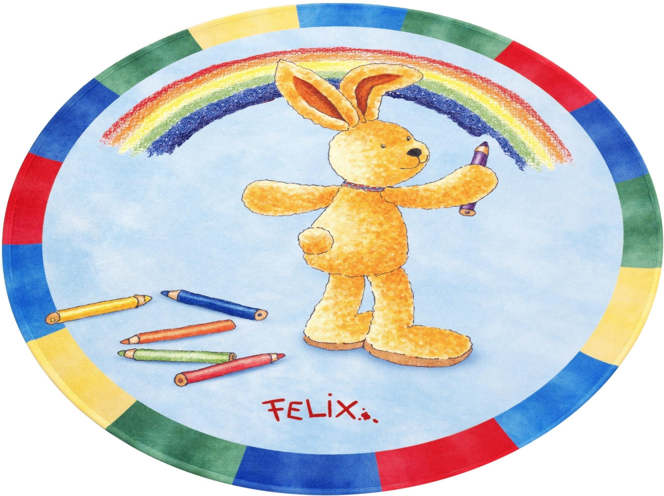 Kinderteppich FE-412 Regenbogen, Felix der Hase, rund, Höhe: 6 mm, Stoff  Druck, weiche Mircofaser, Kinderzimmer