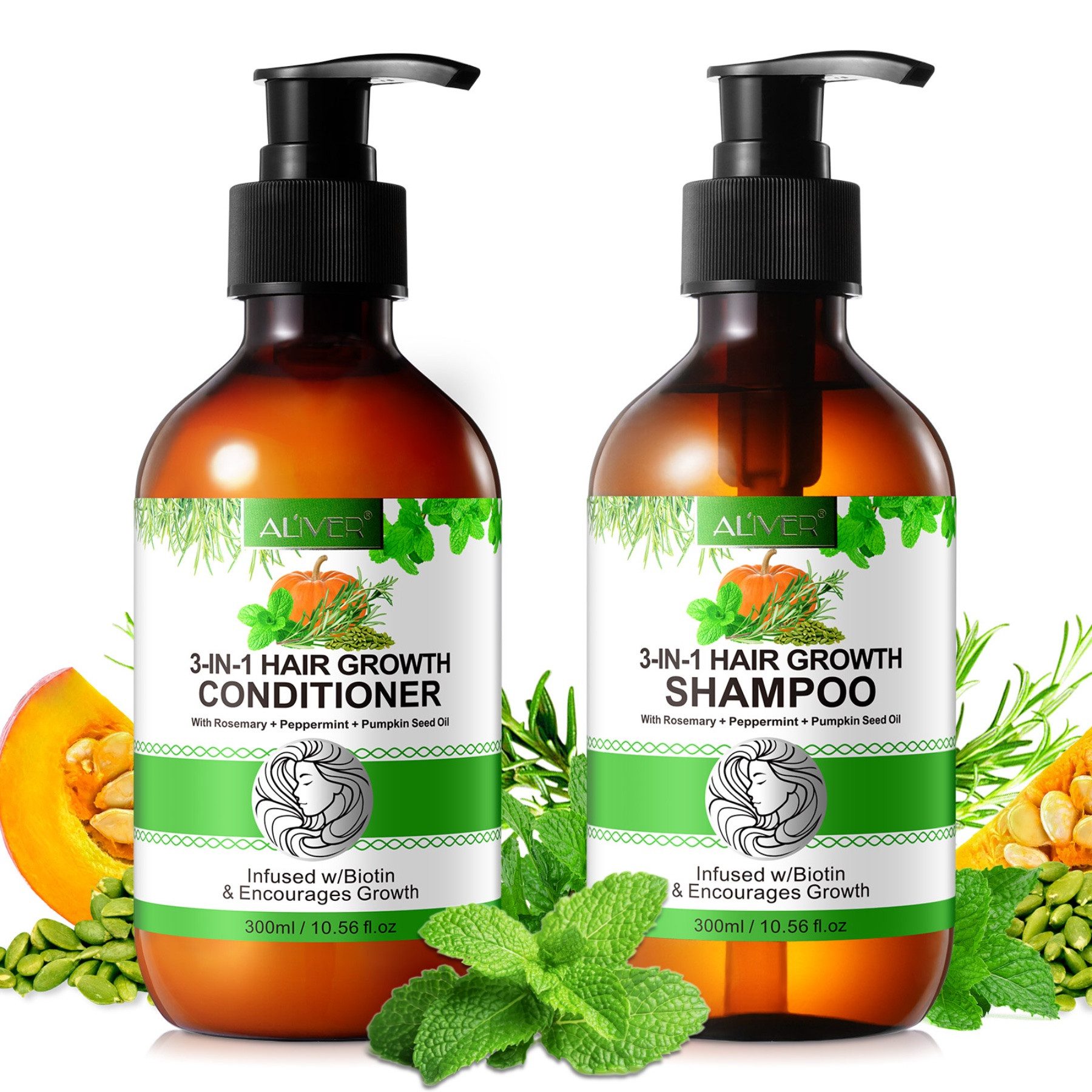 ALIVER Уход за волосами-Set Shampoo Conditioner Haaröl mit Biotin Rosmarin Minze Kürbis Vegan, Enthält Mineralien, Enthält Vitamine, Fair Trade