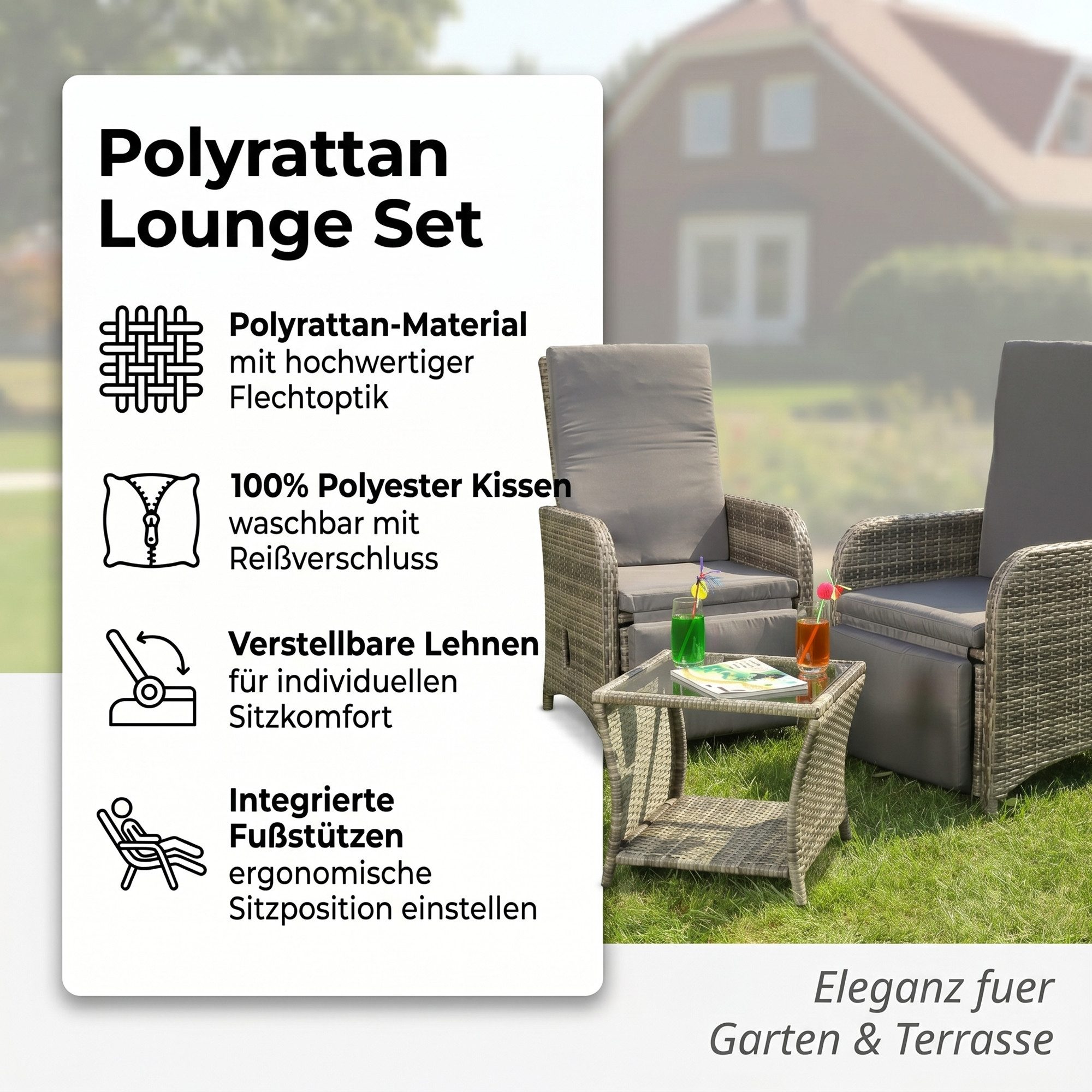 Mucola Balkonset Balkonmöbel-Set 3-teilig aus Polyrattan in Grau inkl. Auflagen, (Balkonmöbel-Set, 3-tlg., 3-teiliges Balkonmöbel-Set für 2 Personen), platzsparendes Balkonmöbel-Set mit Polyrattan-Geflecht und Auflagen