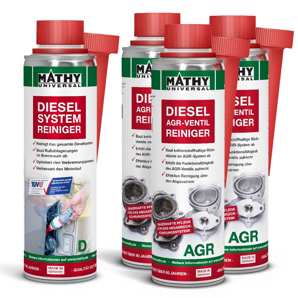 MATHY Diesel-Additiv MATHY AGR-Kur, 1,15 l, (Spar-Set, 4-St., 3 x MATHY-AGR + 1 x MATHY-D) Systemreiniger für eine intensive AGR-Ventil Reinigung