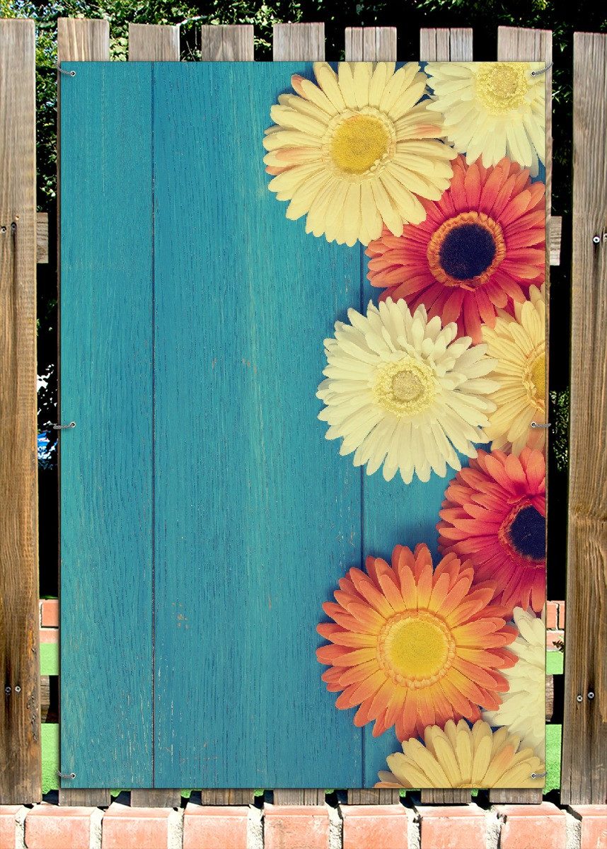 Wallario Sichtschutzzaunmatten Bunte Gerbera auf Holz