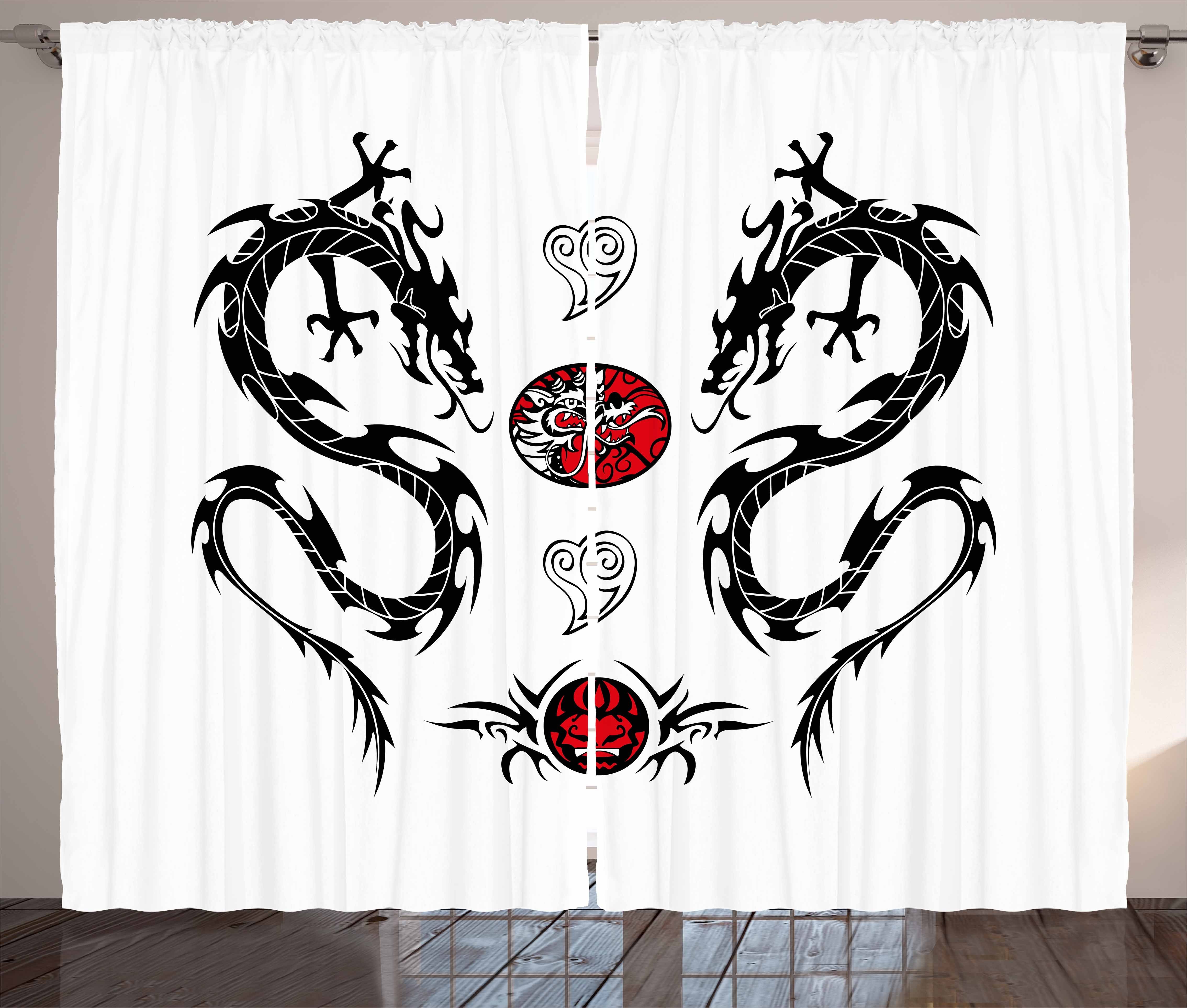 Gardine Schlafzimmer Kräuselband Vorhang mit Schlaufen und Haken, Abakuhaus, Drachen Tattoo Asian