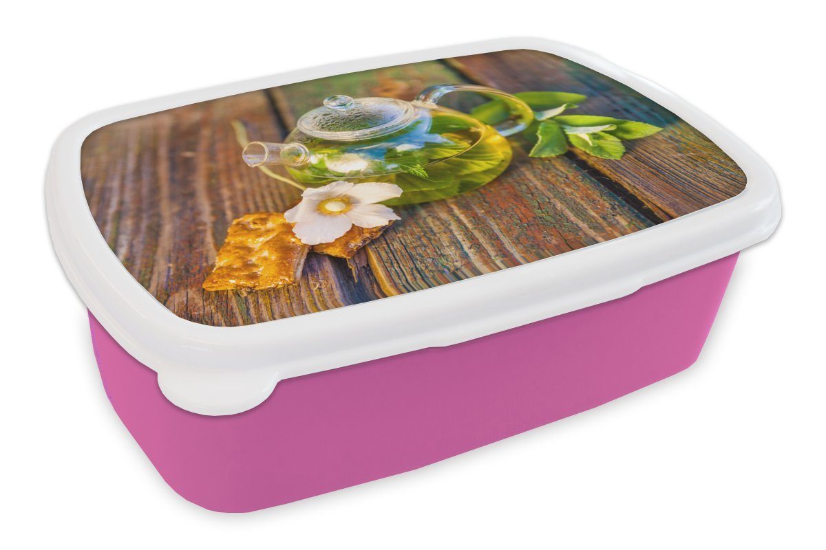 MuchoWow Lunchbox Gläserne Teekanne auf einem Holztisch, Kunststoff, (2-tlg), Brotbox für Erwachsene, Brotdose Kinder, Snackbox, Mädchen, Kunststoff rosa