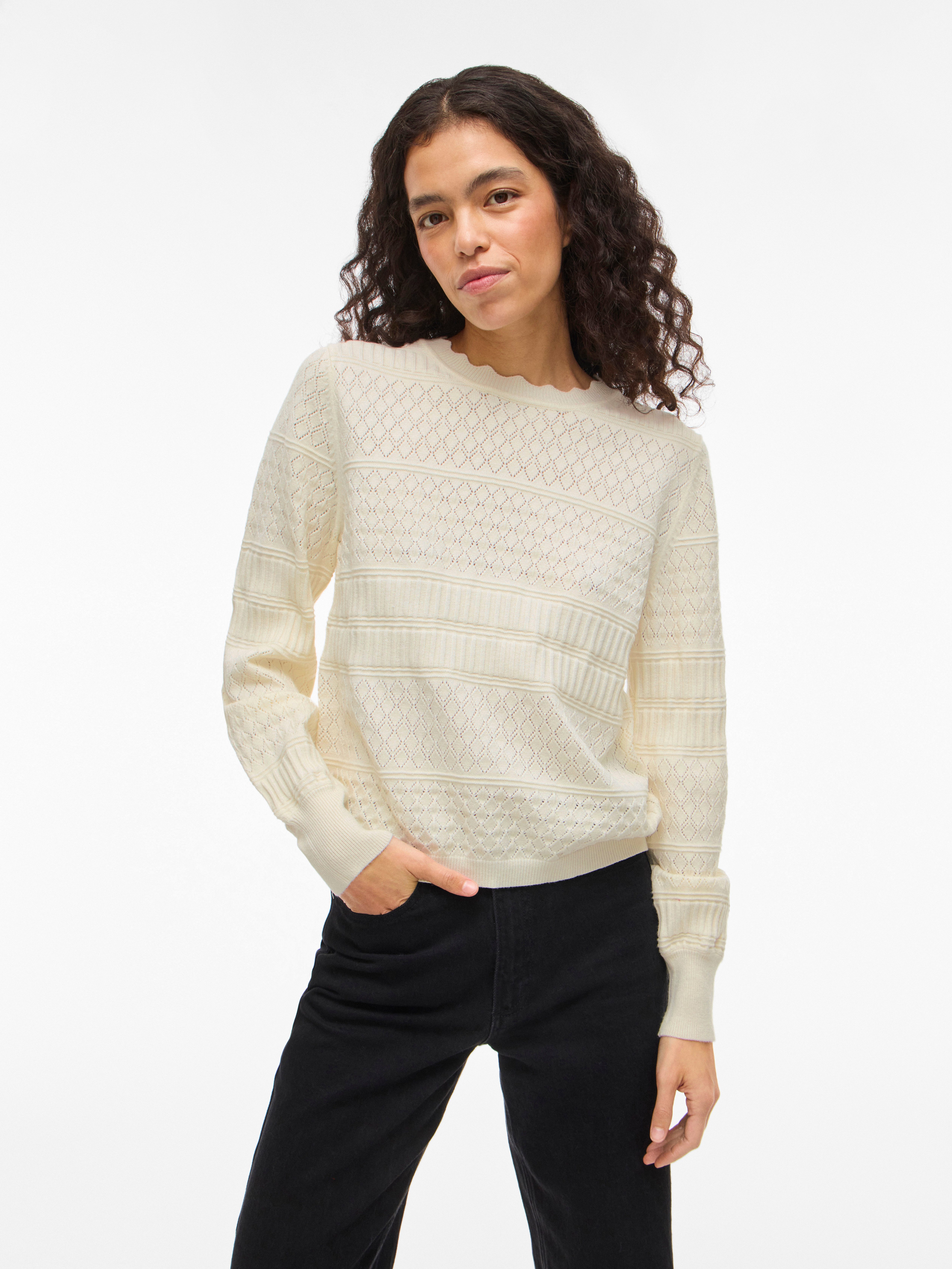 Vila Strickpullover VIMILOS L/S O-NECK POINTELLE TOP - NOOS