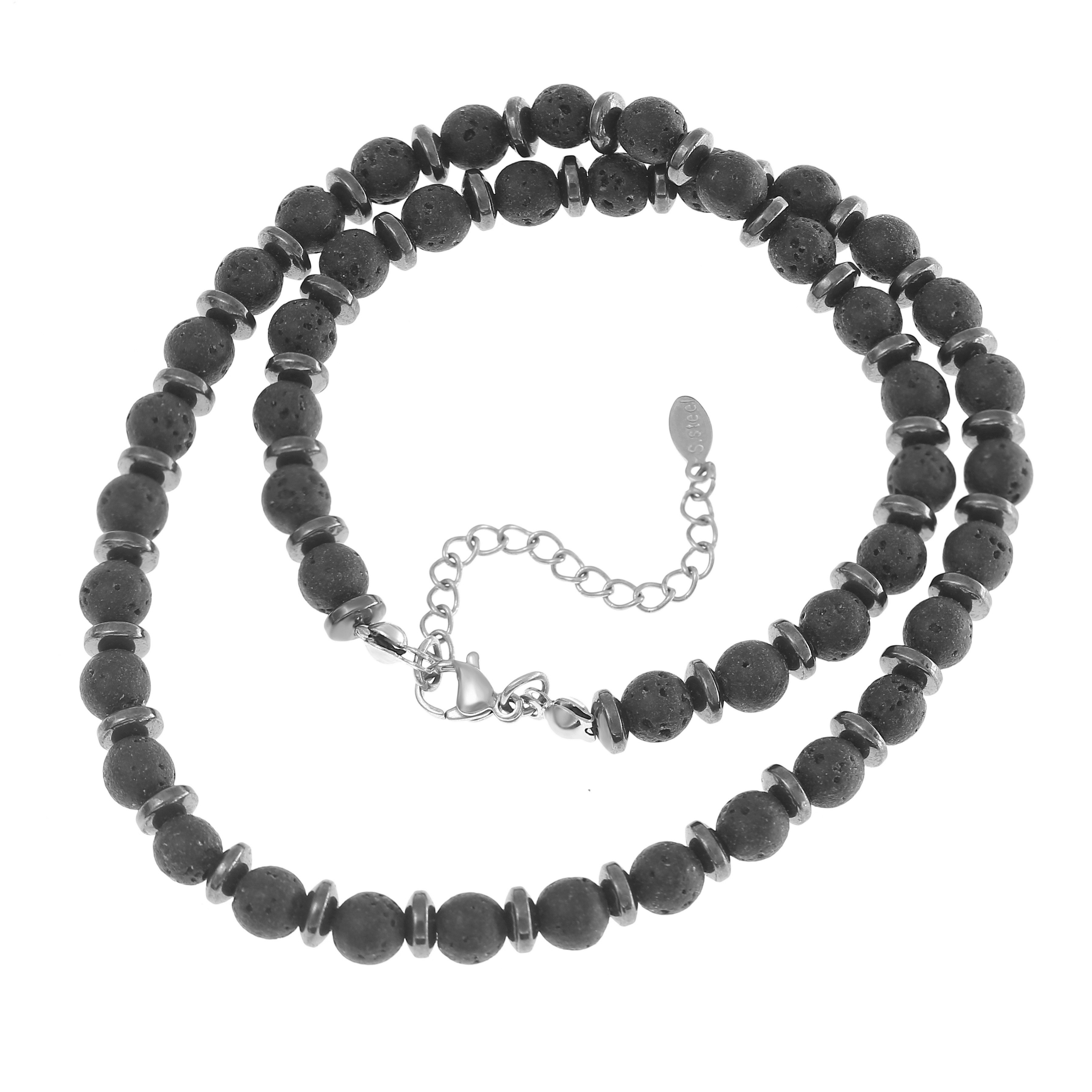Made by Nami Perlenkette Herren Halskette mit Lavasteinperlen schwarz verstellbar hypoallergen, aus Lavastein – hypoallergen – mit Verlängerung – Surfer-Stil