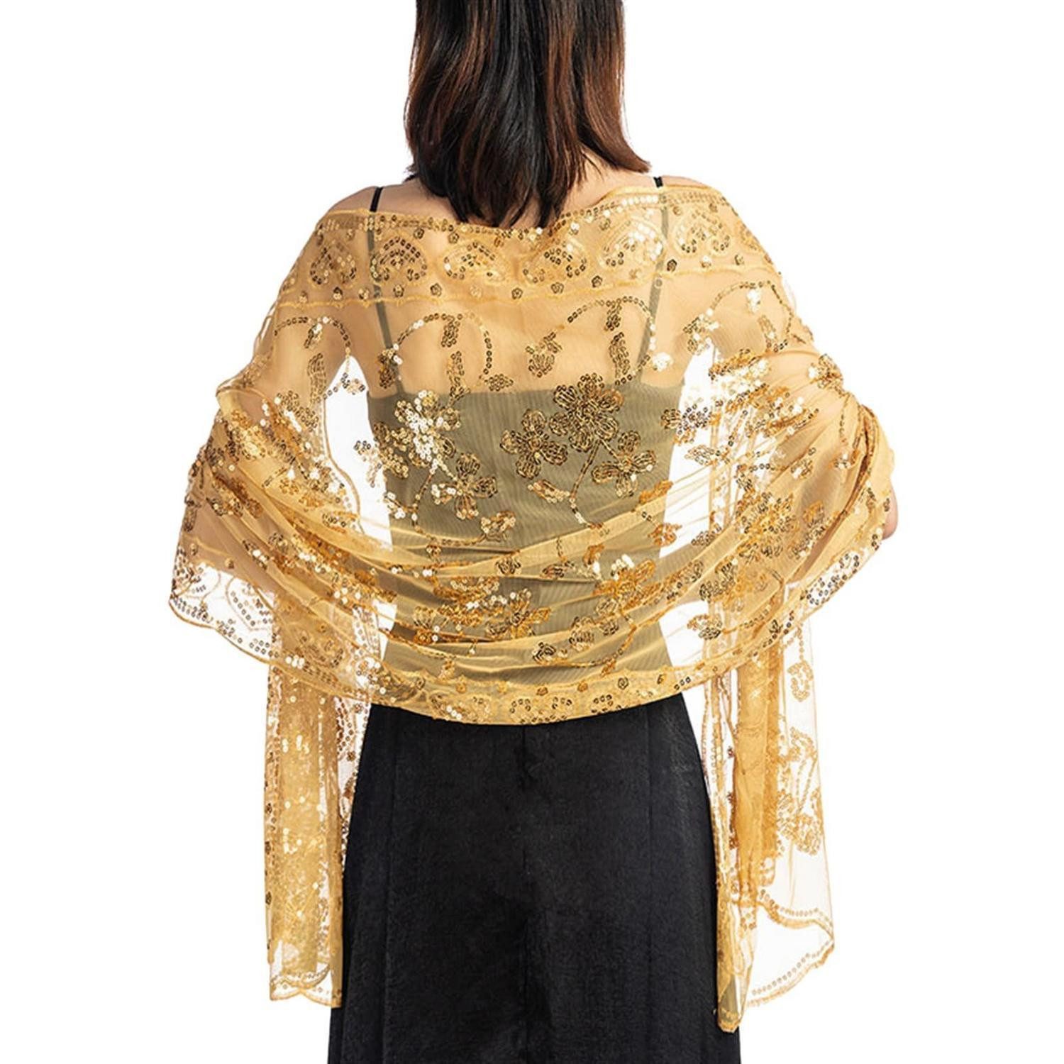 LuxusKollektion Modeschal Schal Damen Glitzer Floral Stola Gold, (1-St)