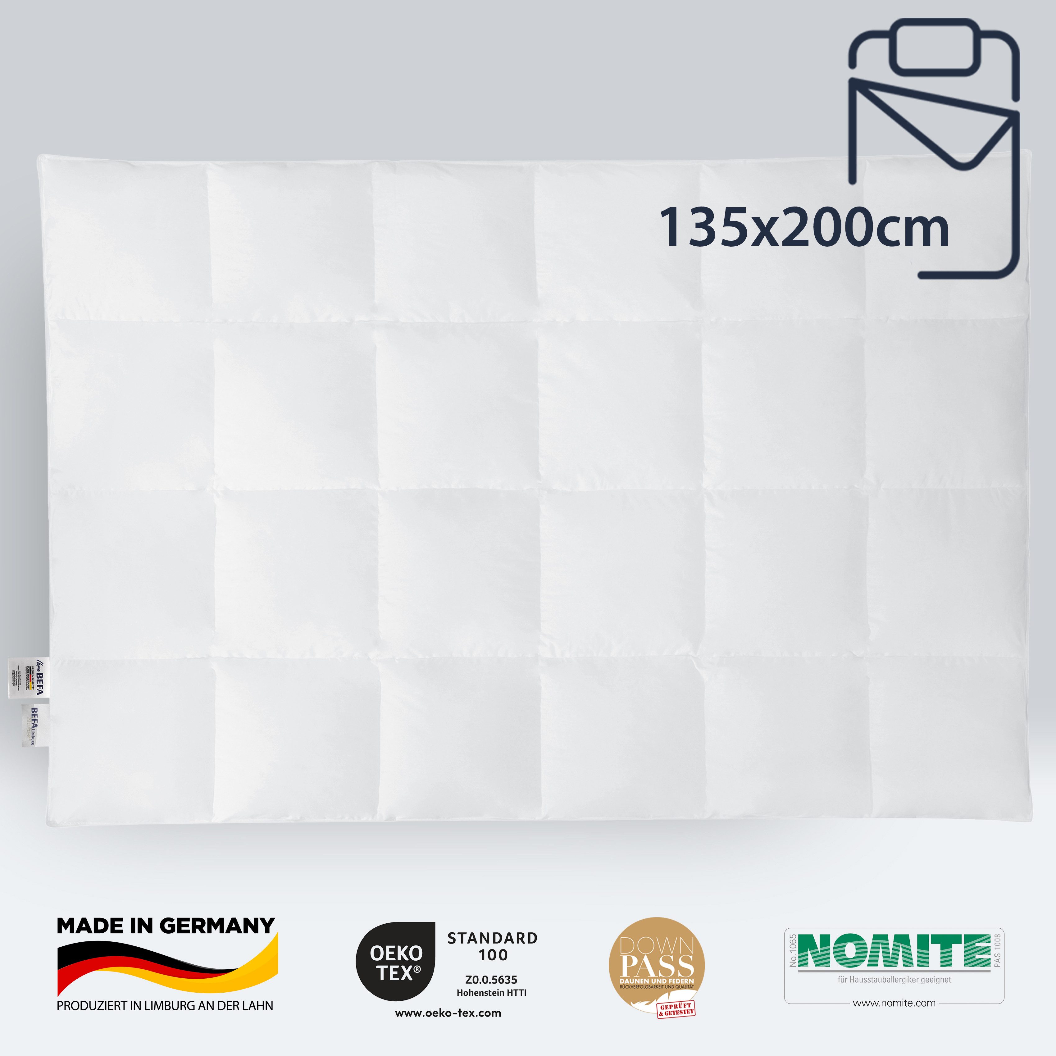 BEFA NATUR Daunenbettdecke kuschelige Premium-Winterdecke extra warm, Füllung: 90% Daunen, 10% Federn, Made in Germany - hochwertige Daunendecke - Allergiker geeignet