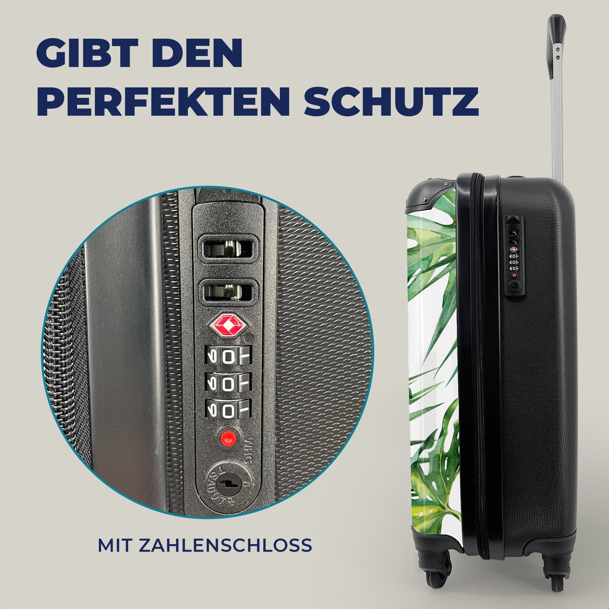 MuchoWow Handgepäckkoffer Trolley Extra Leicht Monstera - Muster - Aquarell, 4 Rollen, Handgepäck Kinder Trolley Rollkoffer Kleine Reisekoffer mit 4 Rollen - Cabin Size < 55x40x23 & 55x40x20 cm - Kinderkoffer - Kabinenkoffer - Boardgepäck