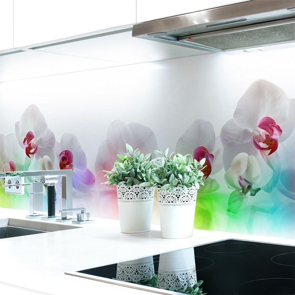 DRUCK-EXPERT Küchenrückwand Küchenrückwand Orchideen Bunt Premium Hart-PVC 0,4 mm selbstklebend
