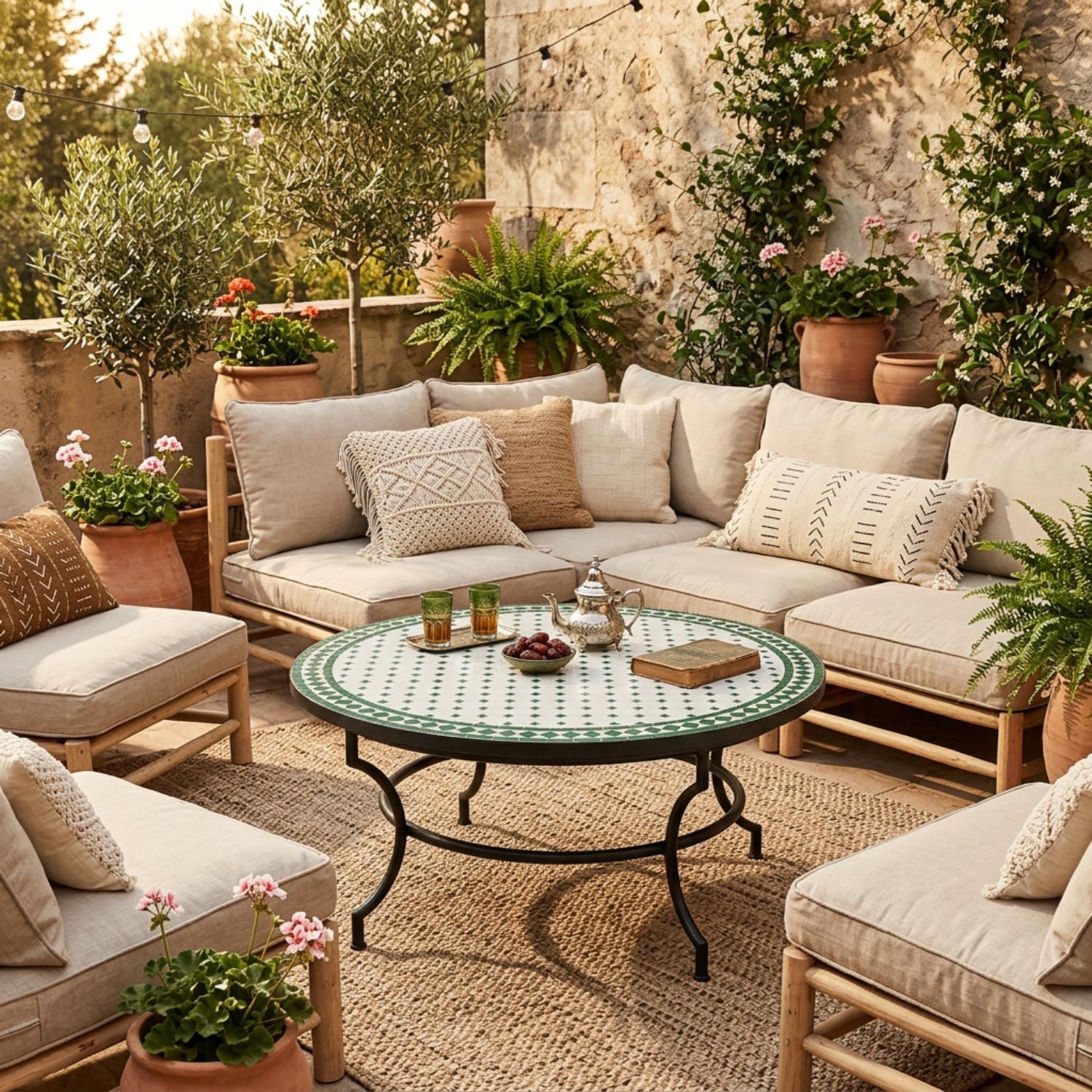 Marrakesch Orient & Mediterran Interior Gartentisch Marokkanischer Mosaik-Couchtisch Marrakesch Weiß-Grün modern 120 cm, Handarbeit