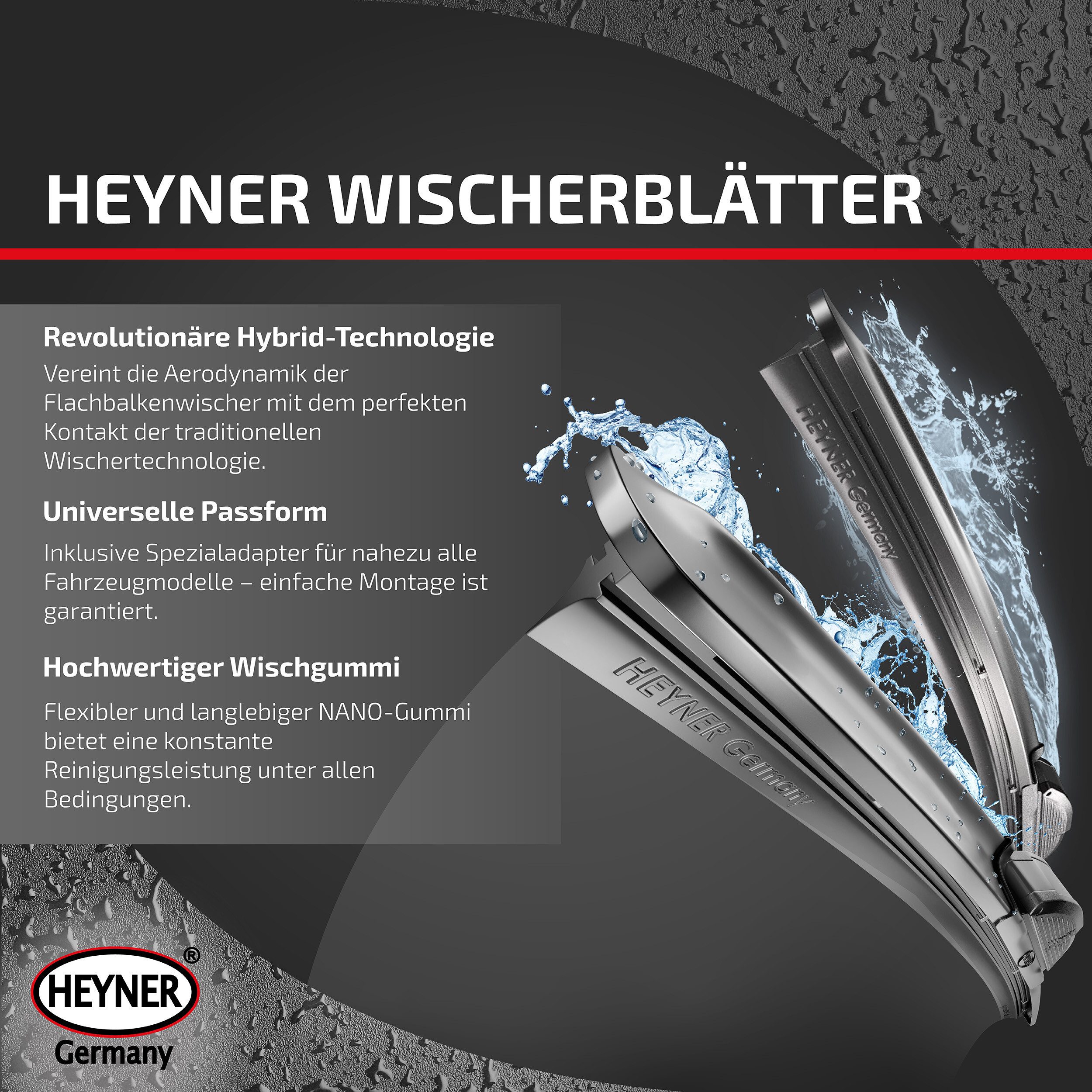 HEYNER Scheibenwischblätter passend für HYUNDAI i30, 10.2007 - 03.2010, Front- und Heckscheibe, (Packung, 3-St., Scheibenwischer mit Heckwischer), mit Nano Graphit Beschichtung