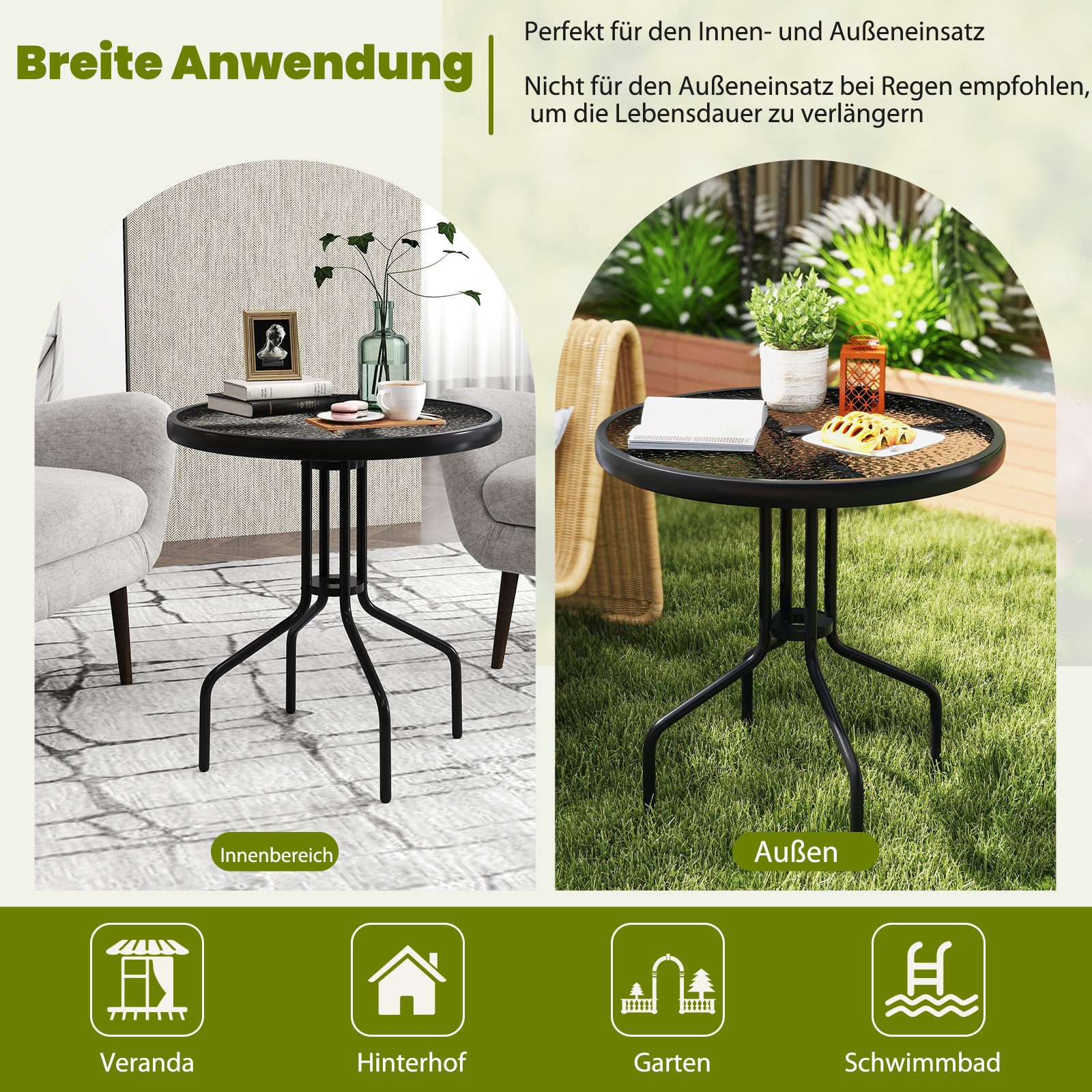 KOMFOTTEU Gartentisch, Beistelltisch Ø70cm, mit Glasplatt & 4cm Schirmloch