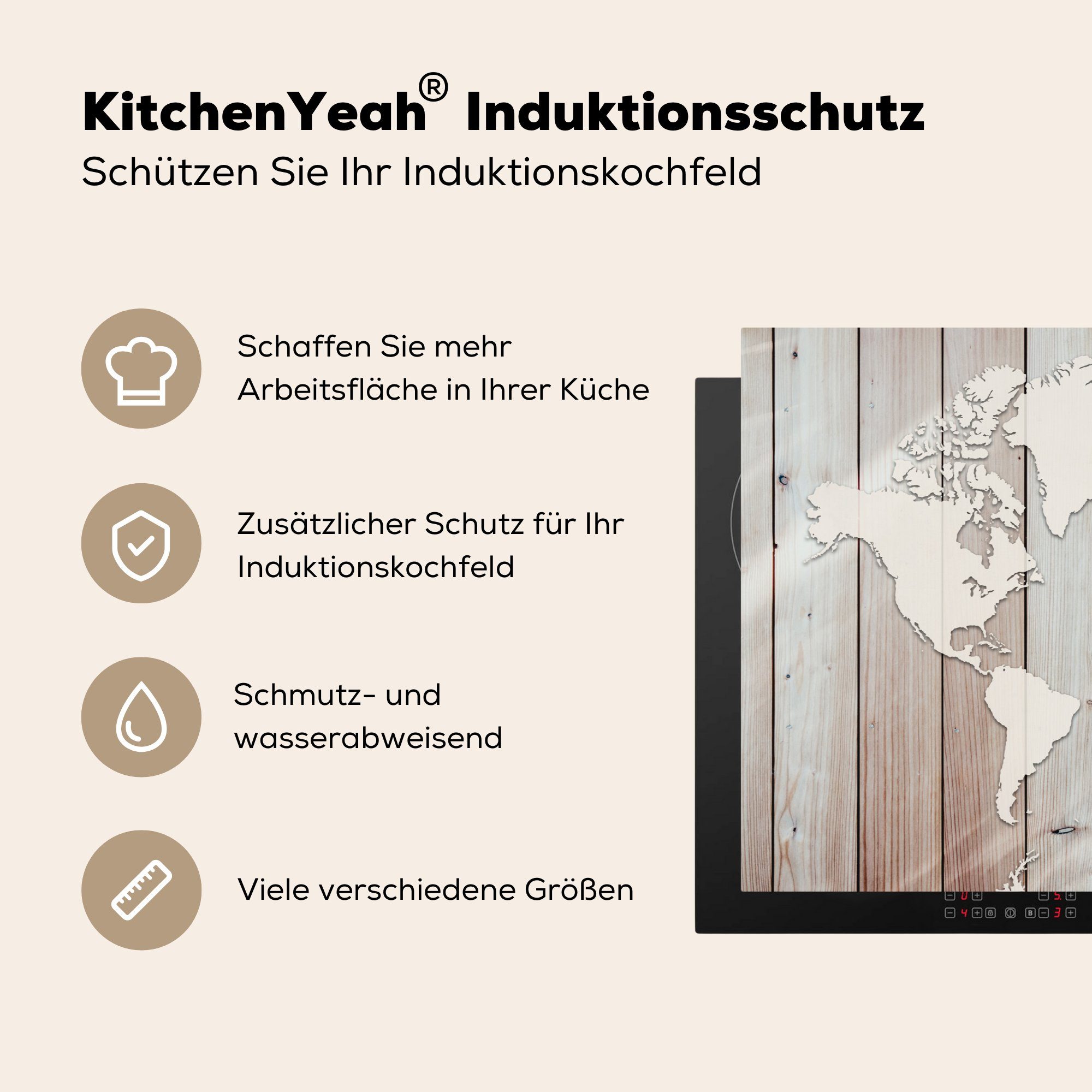 küche, cm, (1 Induktionskochfeld Vinyl, MuchoWow - Herdblende-/Abdeckplatte - Einfach, für 81x52 Ceranfeldabdeckung tlg), Holz die Weltkarte Schutz