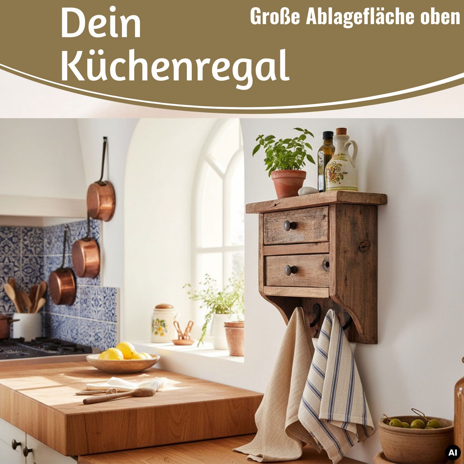 LS-LebenStil Küchenregal Vintage Dehli 25cm hängend Schubladenregal Wandregal Wandboard, Schlüsselkasten Gewürzregal Hängeregal Holzregal 1-tlg., 2 Schubladen, 2 Haken für Handtücher oder Küchtentücher