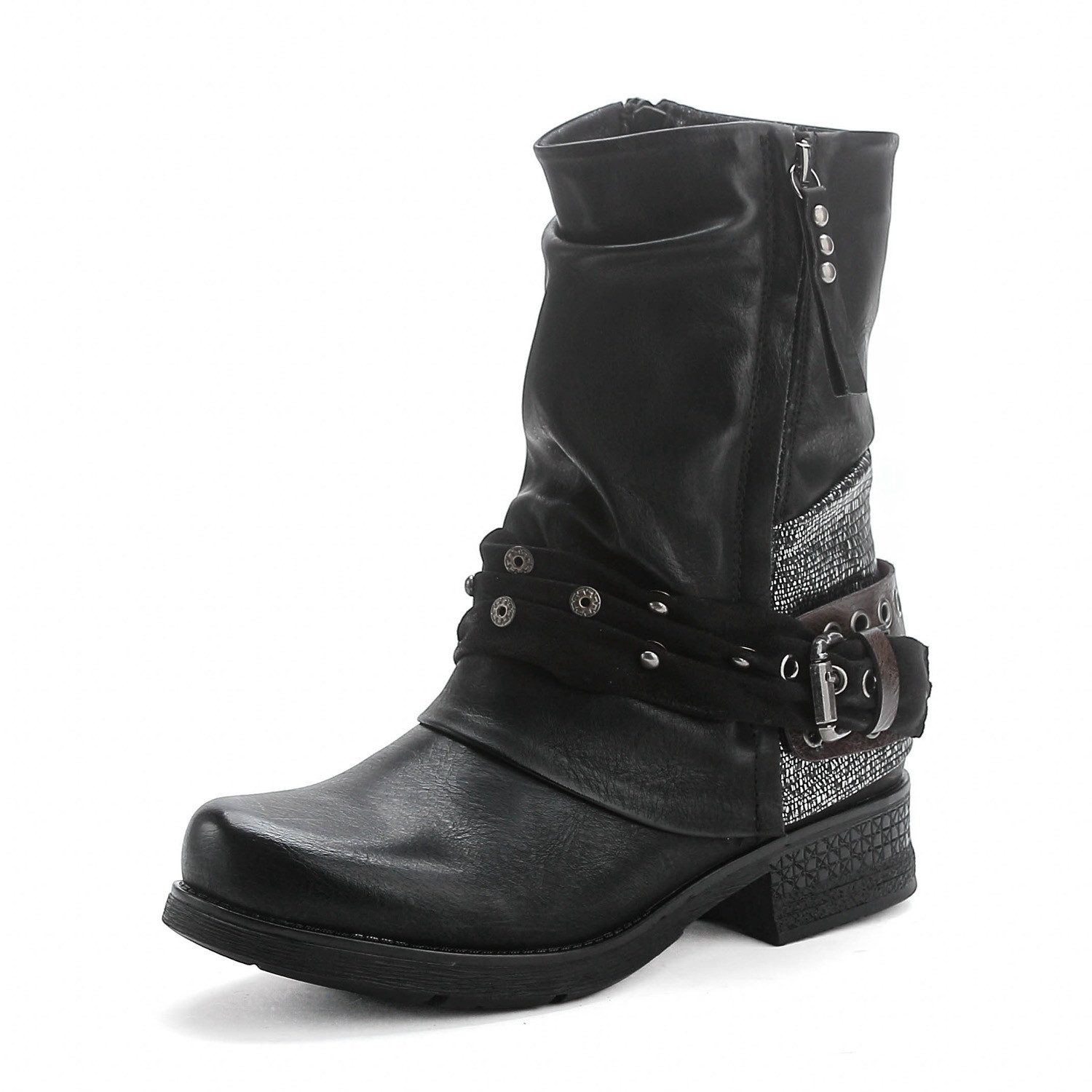 Pogolino ST04 Bikerboots Damen Biker Boots leicht gefüttert Nieten Stiefeletten