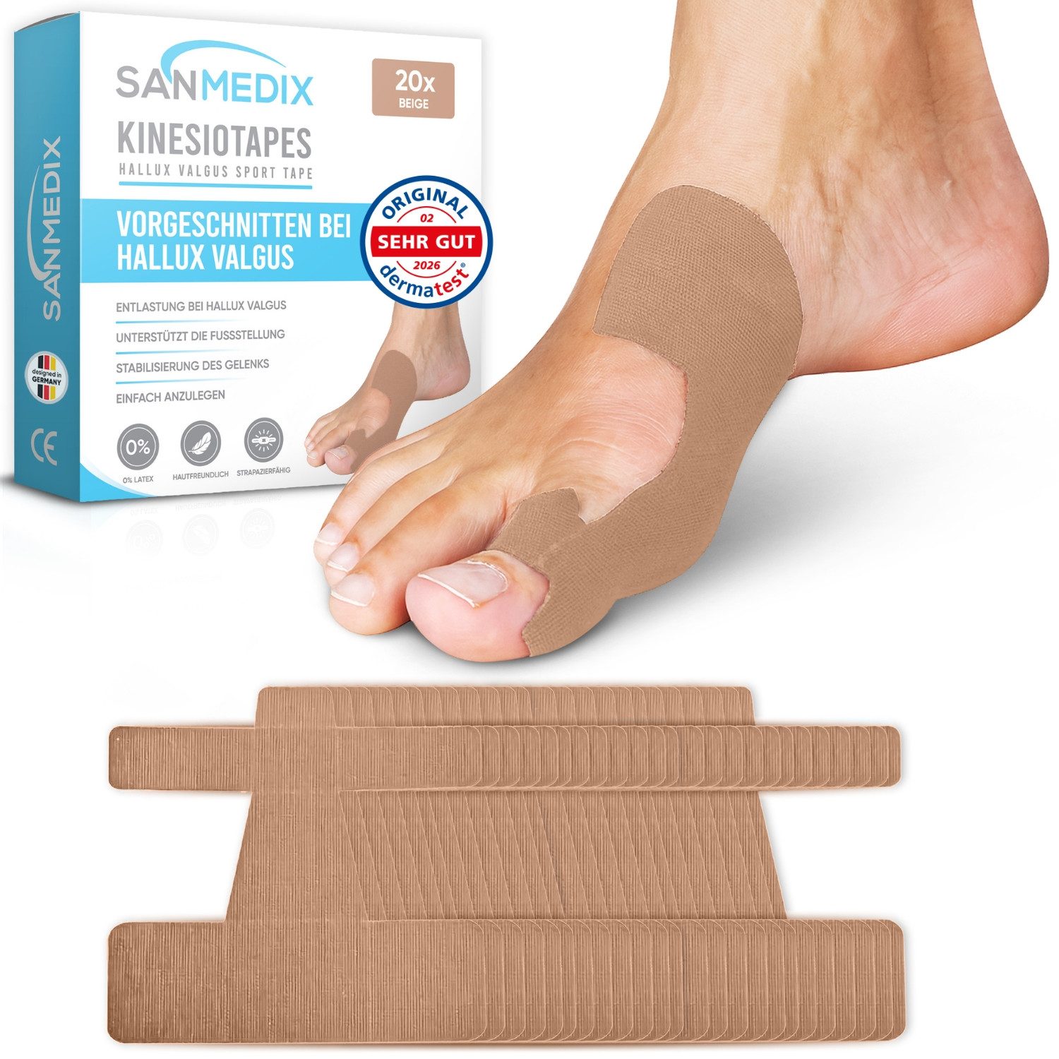 Sanmedix Kinesiologie-Tape Hallux Valgus Precut Kinesiotapes Vorgeschnitten bei Ballenzeh, atmungsaktiv, hautfreundlich, latexfrei