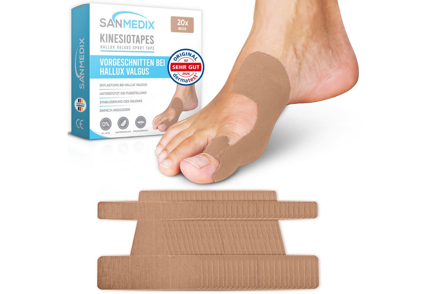 Sanmedix Kinesiologie-Tape Hallux Valgus Precut Kinesiotapes Vorgeschnitten bei Ballenzeh, atmungsaktiv, hautfreundlich, latexfrei